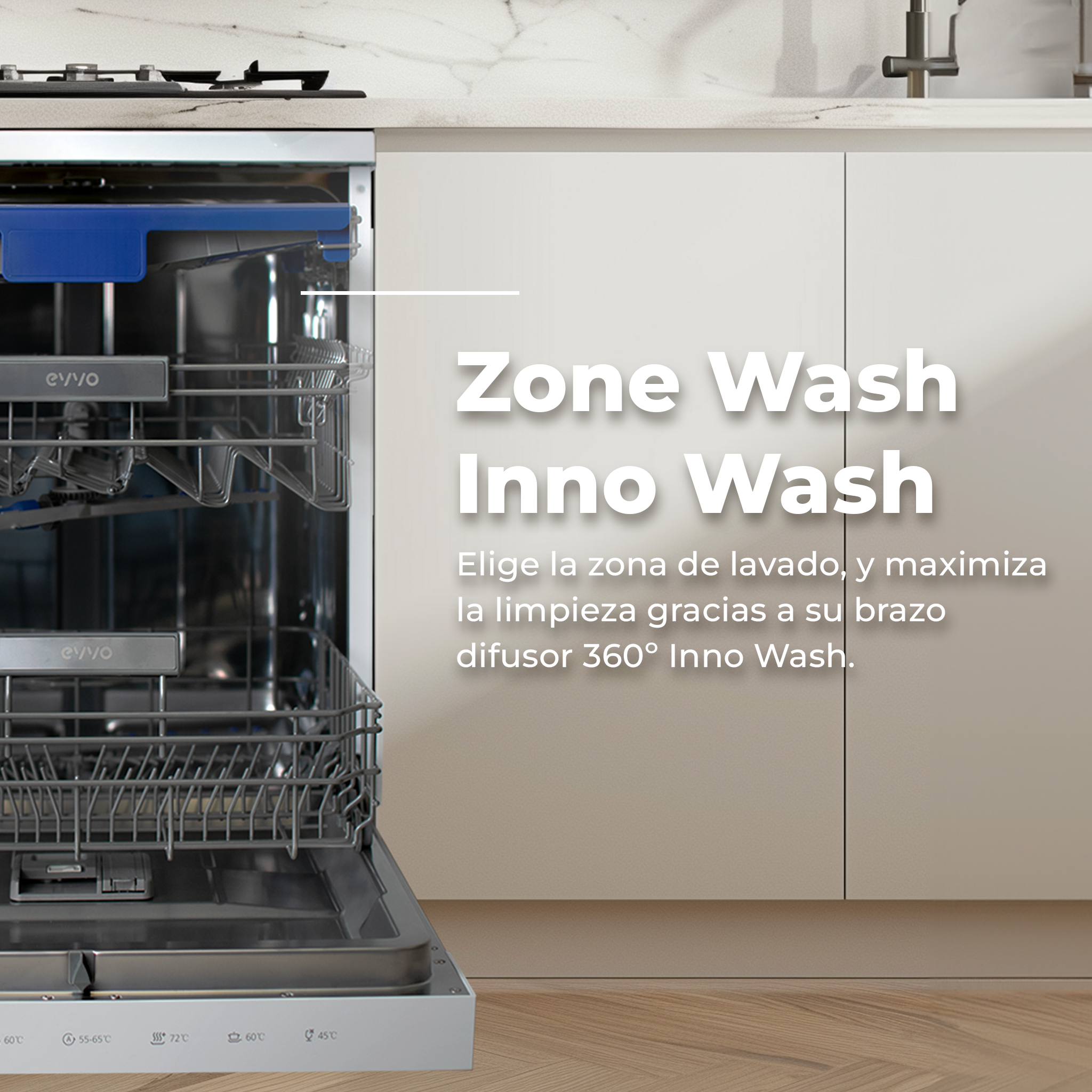 Lavavajillas con puerta abierta. Texto: "Zone Wash Inno Wash". Estantes interiores visibles.