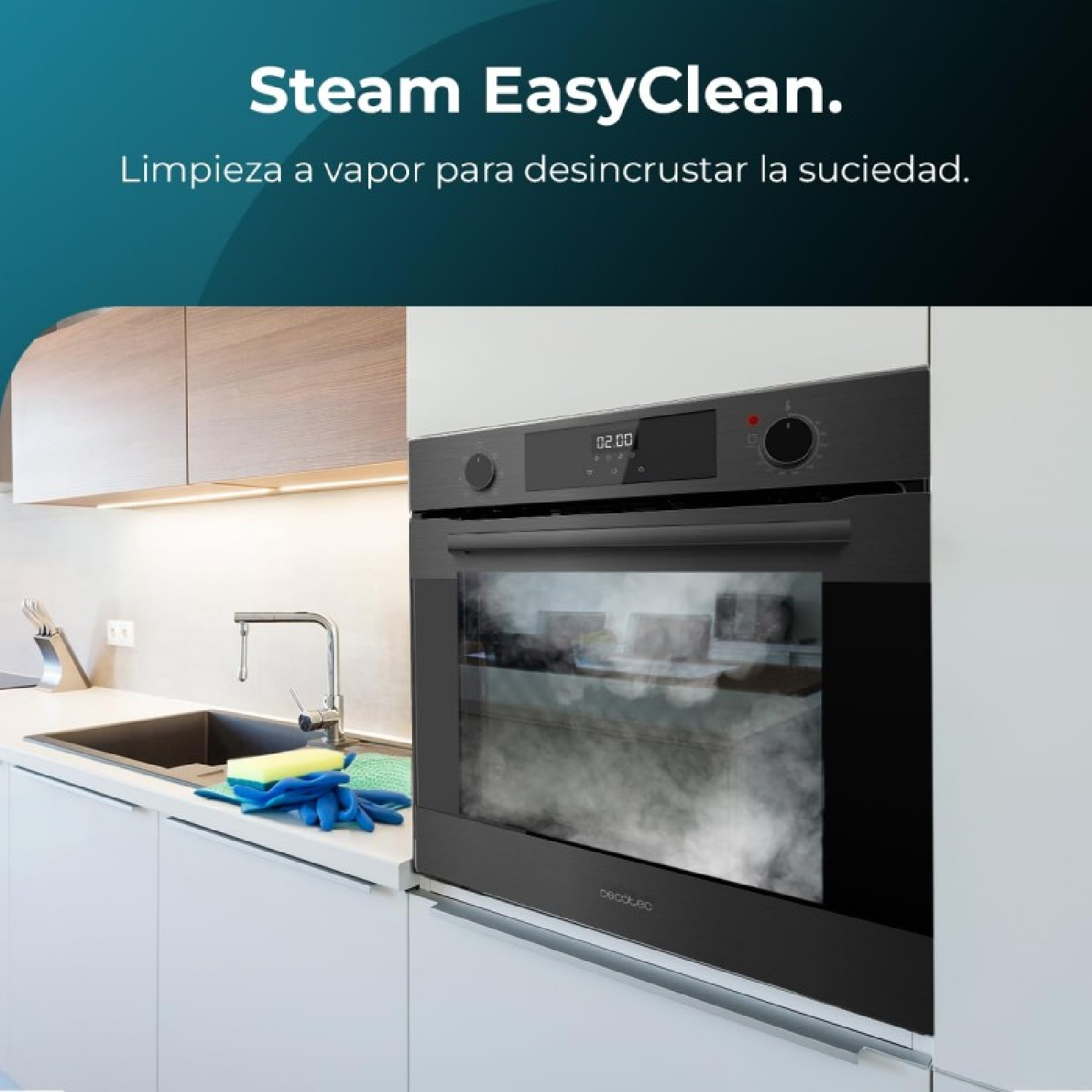 Un horno negro moderno, mostrando vapor dentro, con un fondo de cocina.