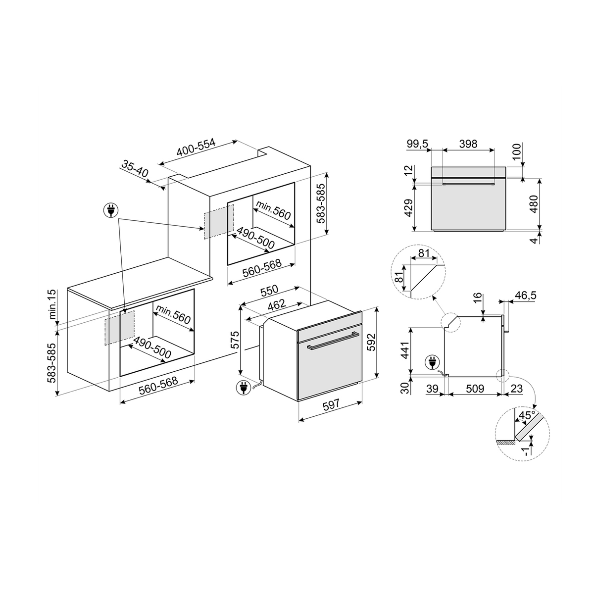 Disegno tecnico di un forno, che mostra dimensioni e dettagli con varie viste e misure.