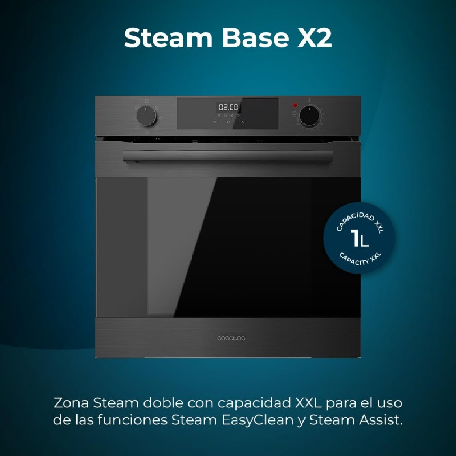 Horno gris oscuro con dos perillas de control. El horno tiene una puerta negra y una etiqueta de capacidad redonda.