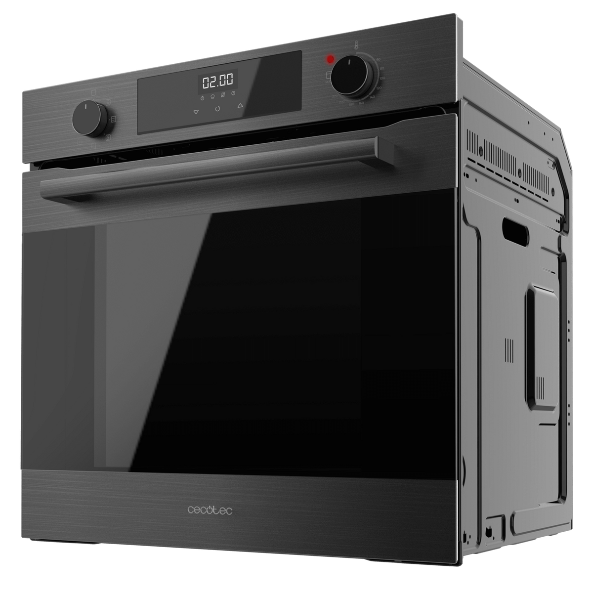 Horno negro con puerta de vidrio y controles. Tirador plateado.