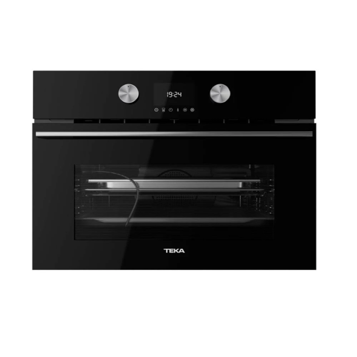 Horno microondas negro con pantalla digital y dos mandos. El fondo es blanco.