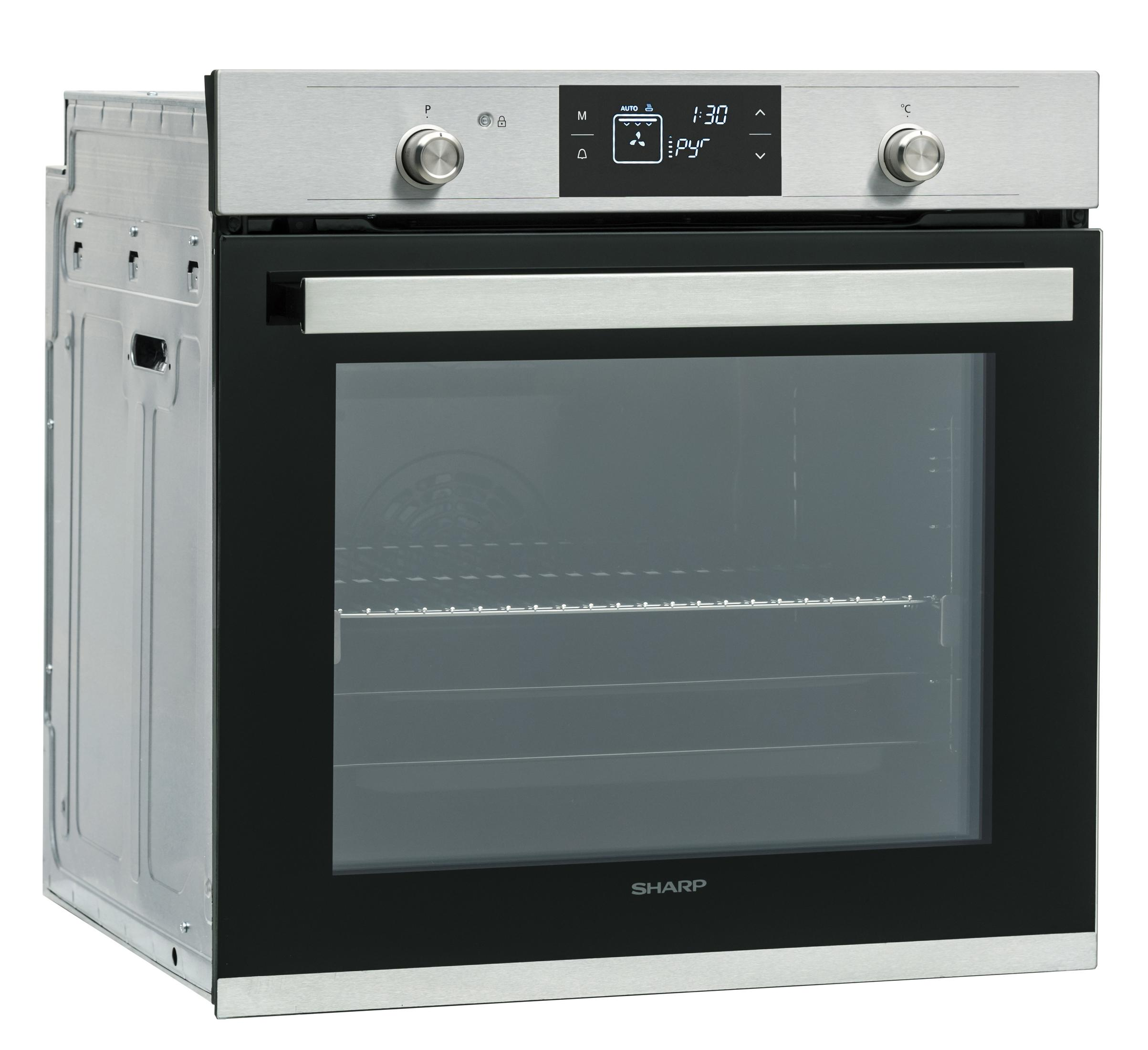 Un horno Sharp de acero inoxidable con puerta negra.