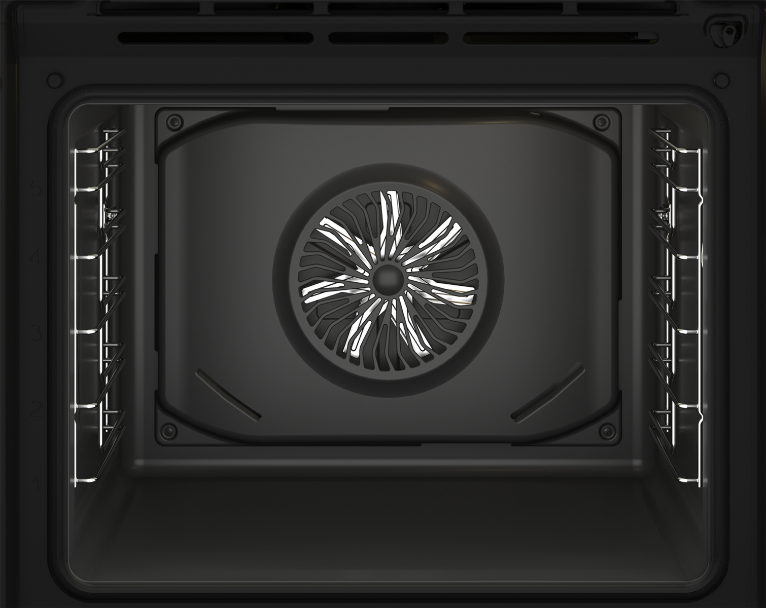 L'interno di un forno. Una ventola è visibile sul retro, con griglie metalliche all'interno.