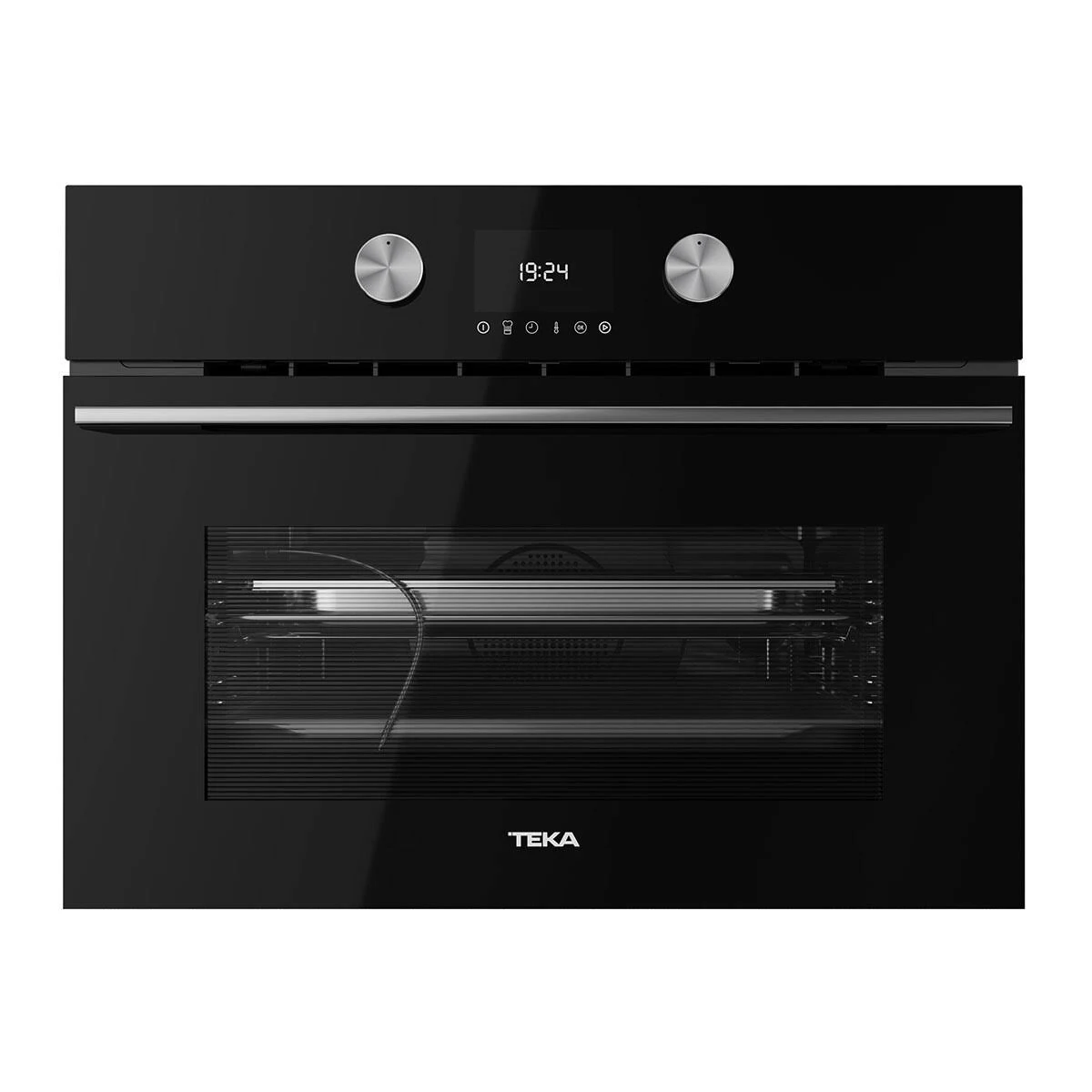 Horno negro empotrado con pantalla digital, dos perillas y puerta de vidrio.