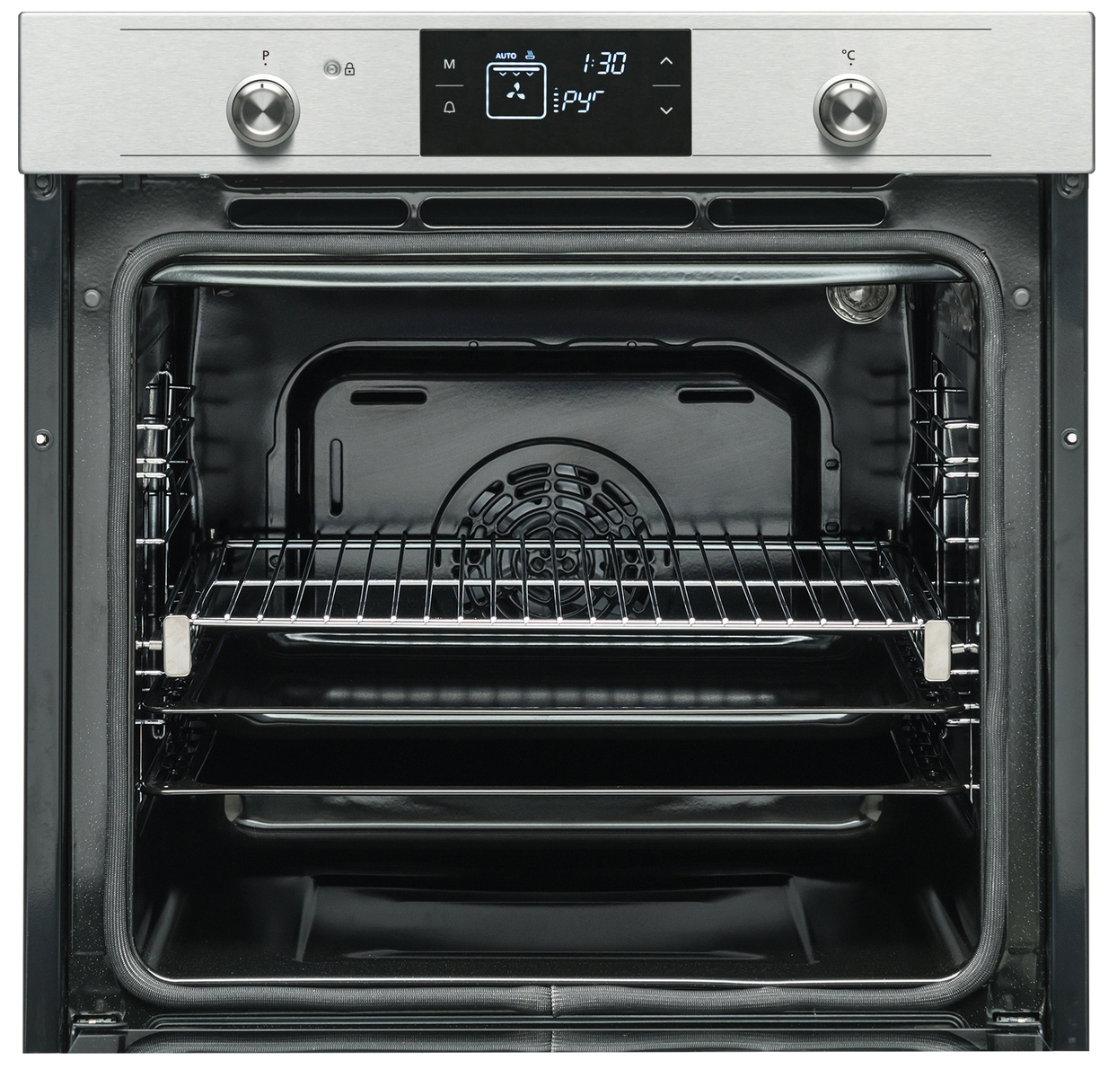 Interior de horno abierto con rejillas, ventilador y panel de visualización. Acabado metálico.