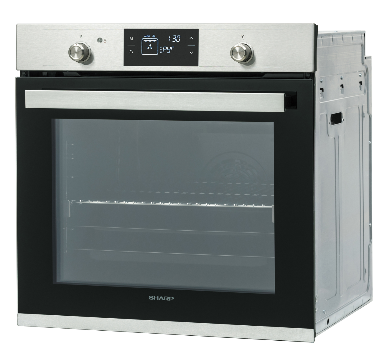 Horno Sharp de acero inoxidable con puerta de vidrio negro. Pantalla digital y perillas visibles.