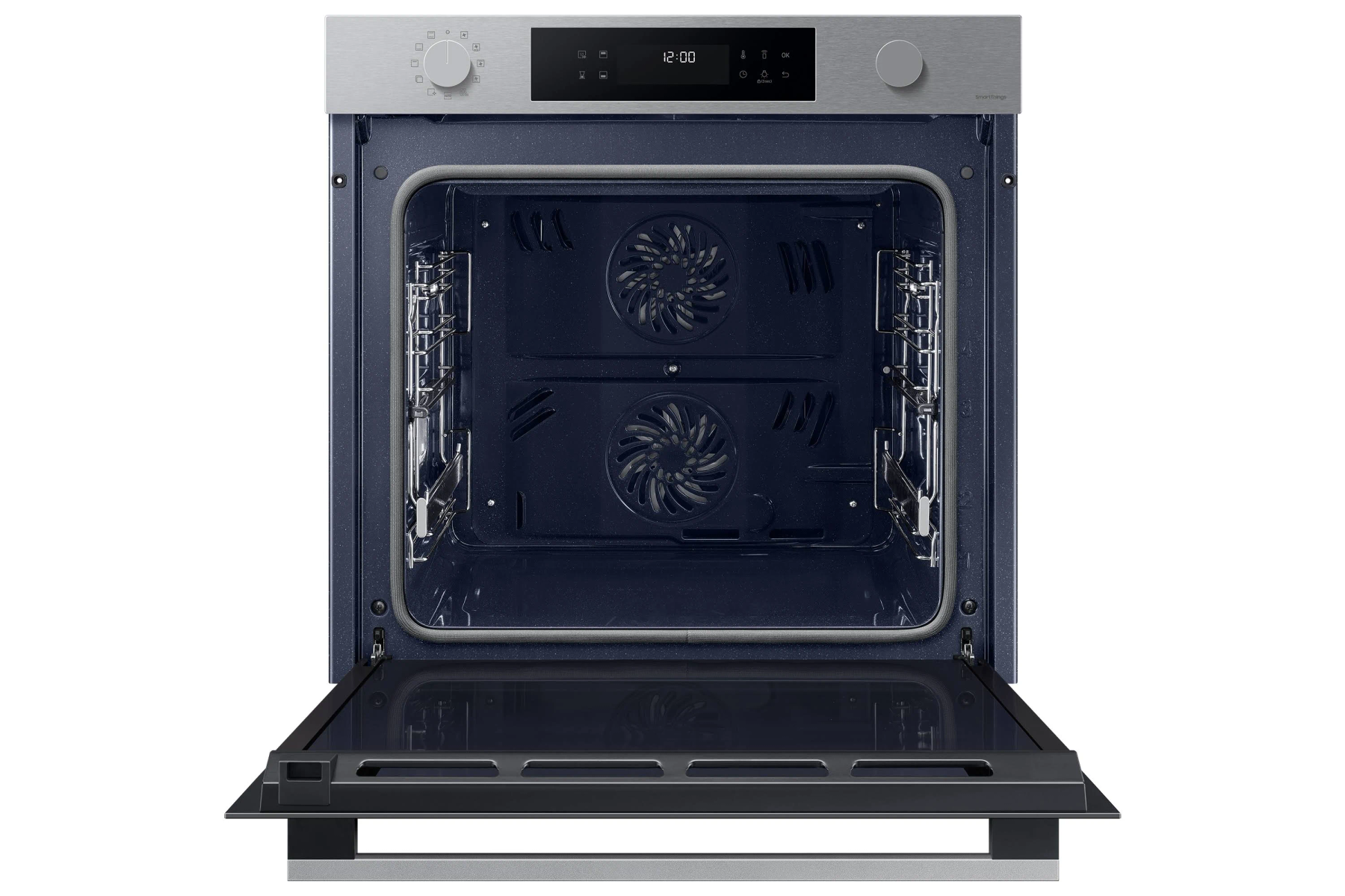Un horno abierto con dos ventiladores y un interior azul oscuro sobre fondo blanco.