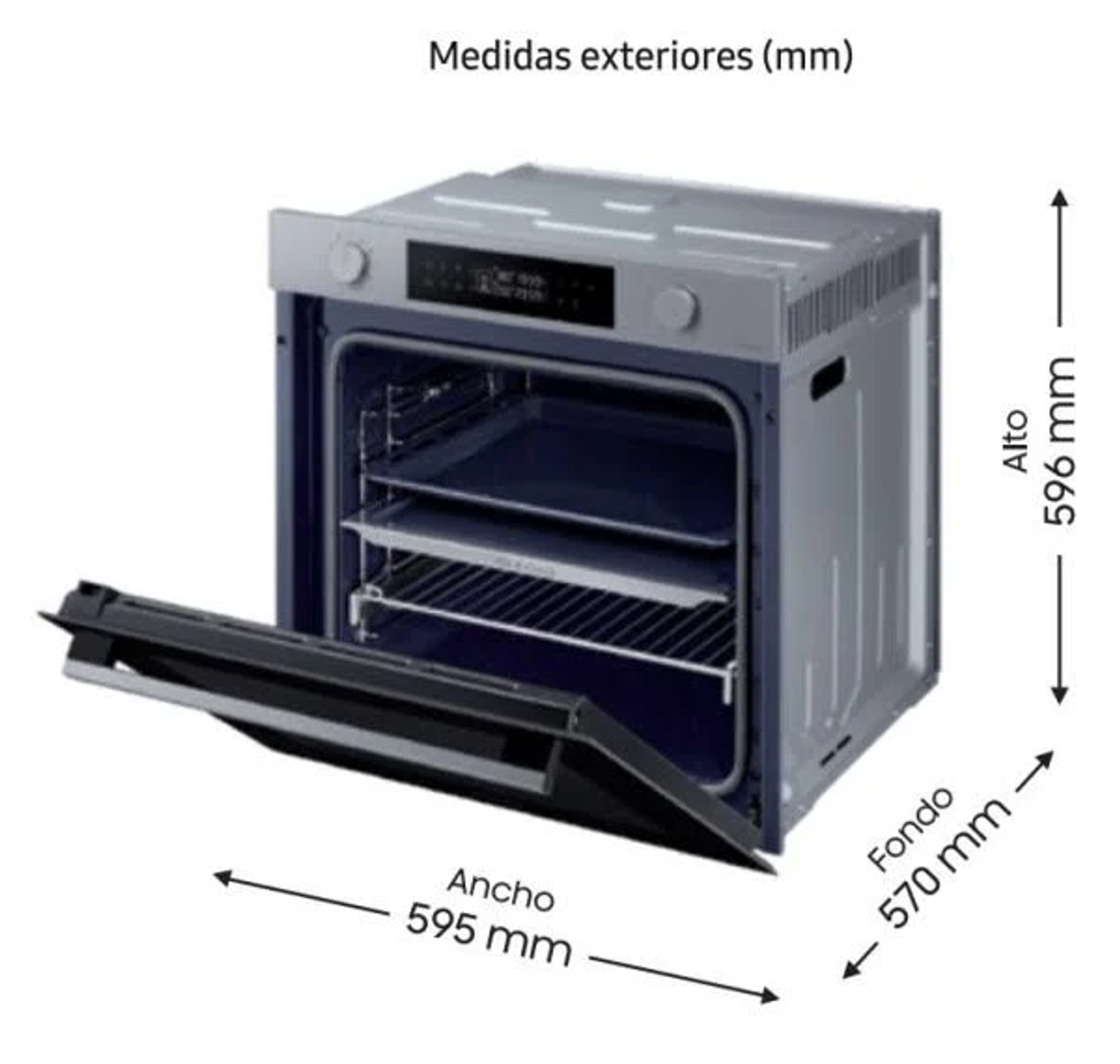 Horno con puerta abierta que muestra estantes. Dimensiones: ancho 595 mm, alto 596 mm, profundidad 570 mm.