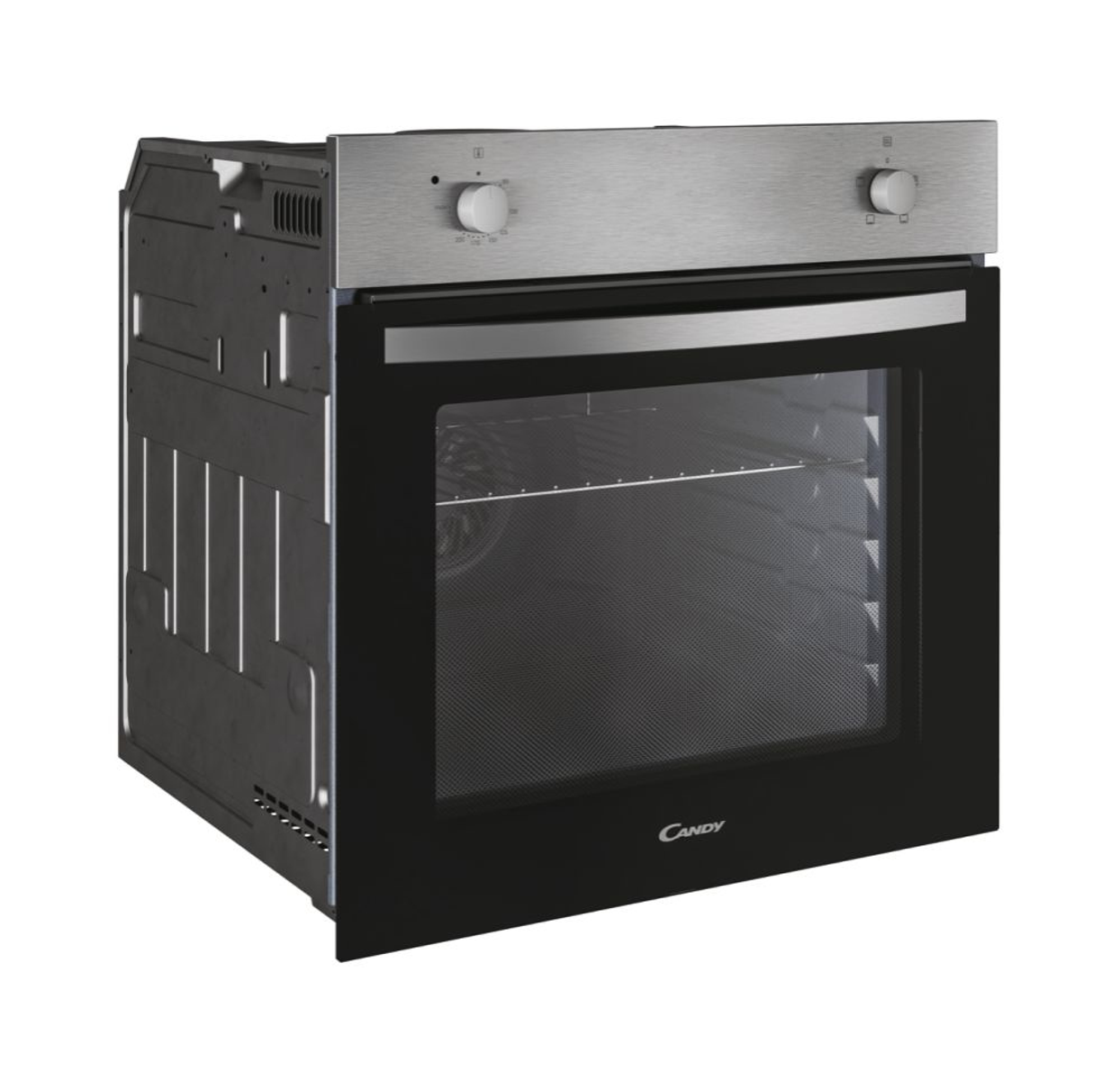Forno nero con parte superiore argentata. Due manopole, porta a vetro.