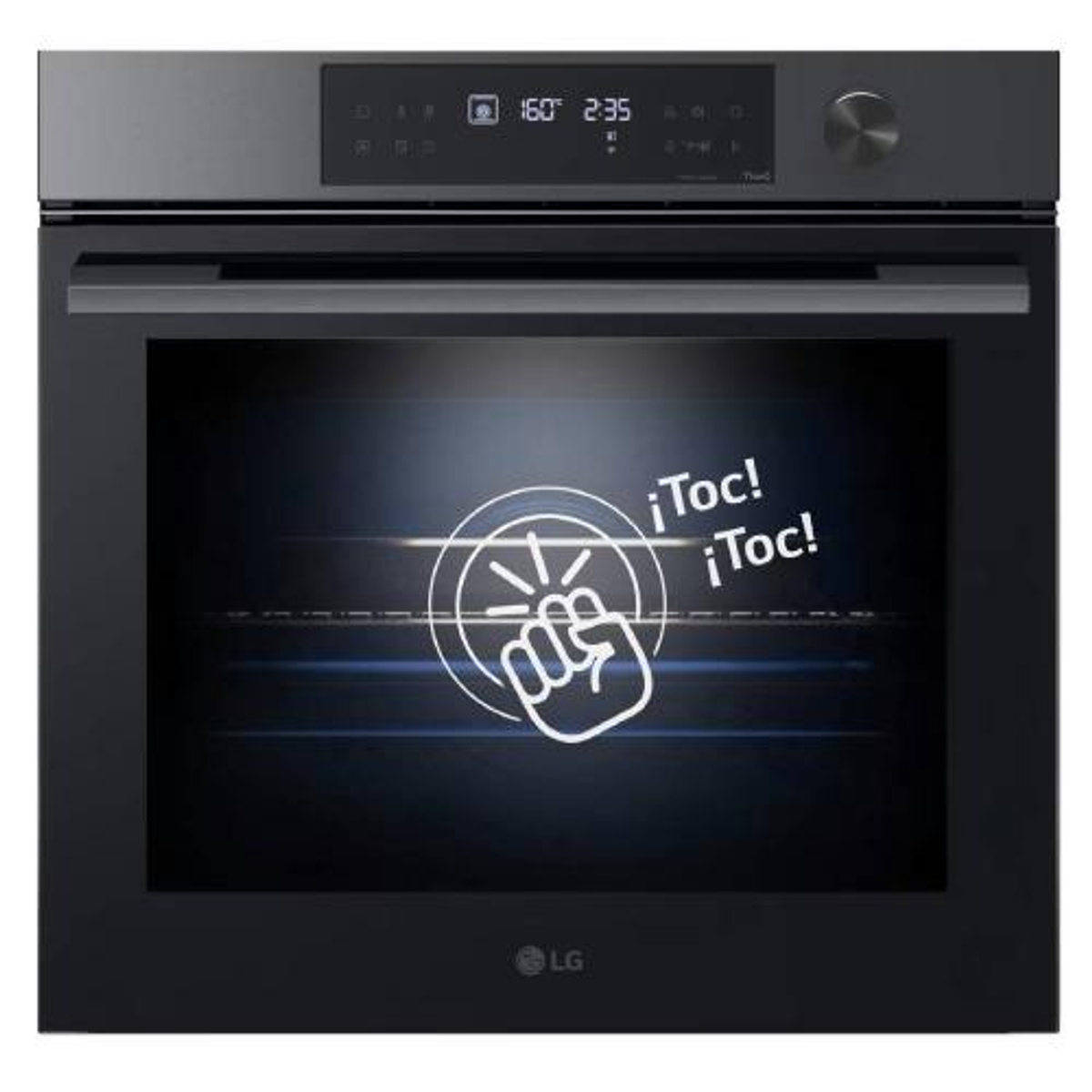 Horno LG negro, con pantalla digital y un icono de mano táctil en la puerta de cristal.