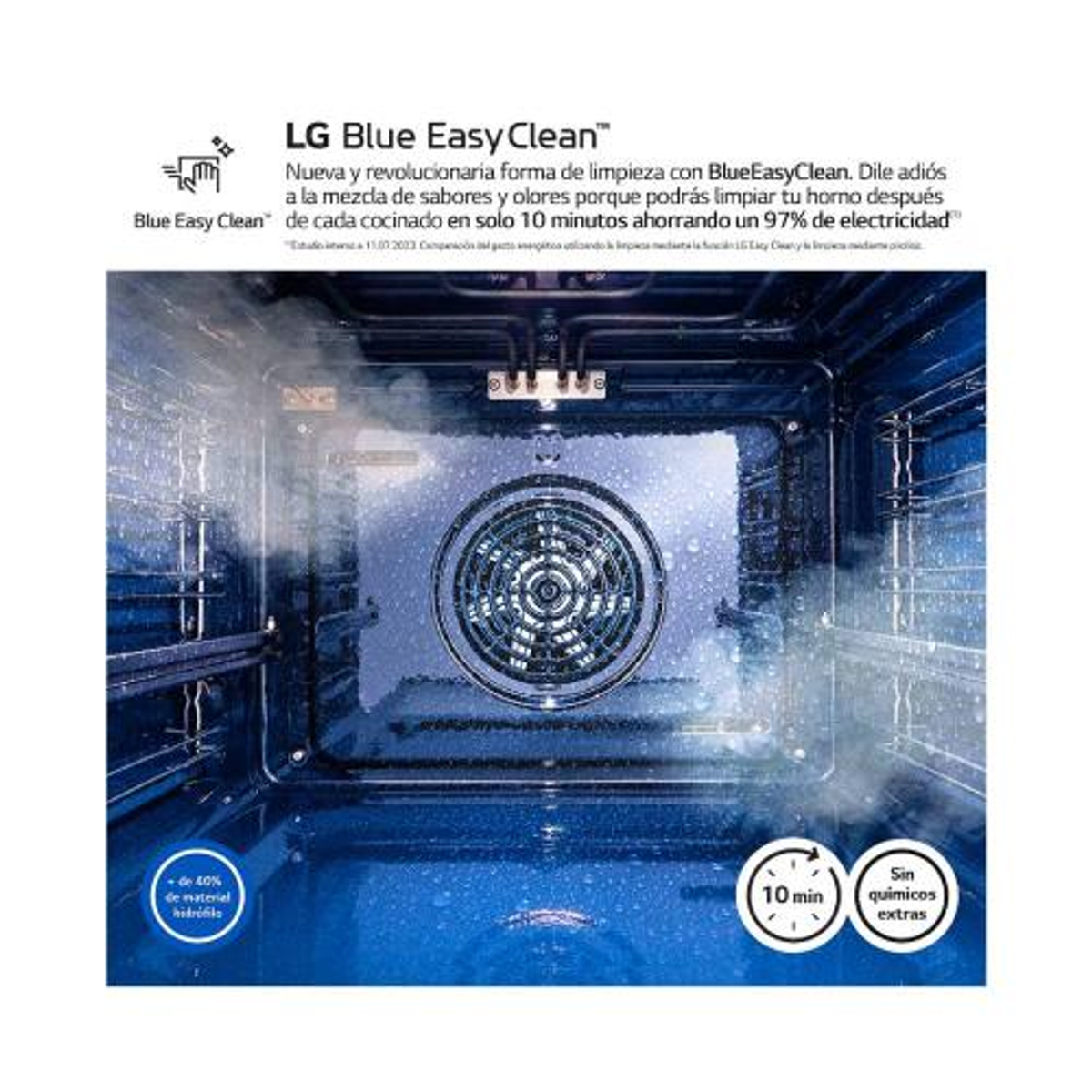 Interior del horno con vapor, texto de marketing para LG Blue Easy Clean.