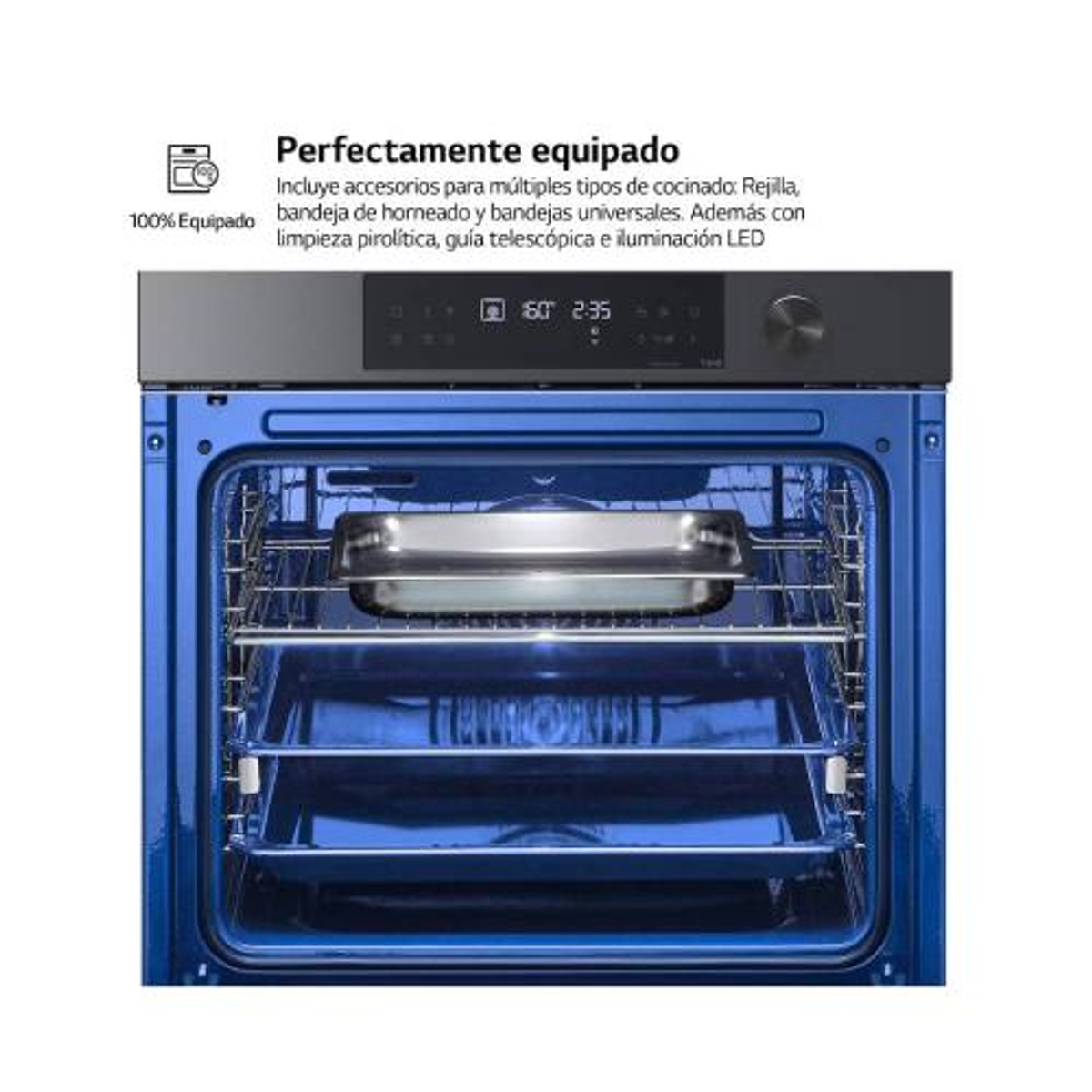 Un interior de horno con fondo azul. Hay una bandeja dentro y la puerta del horno está abierta.