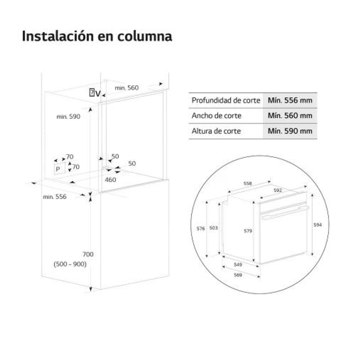 Diagrama mostrando dimensiones del horno con etiquetas en español.