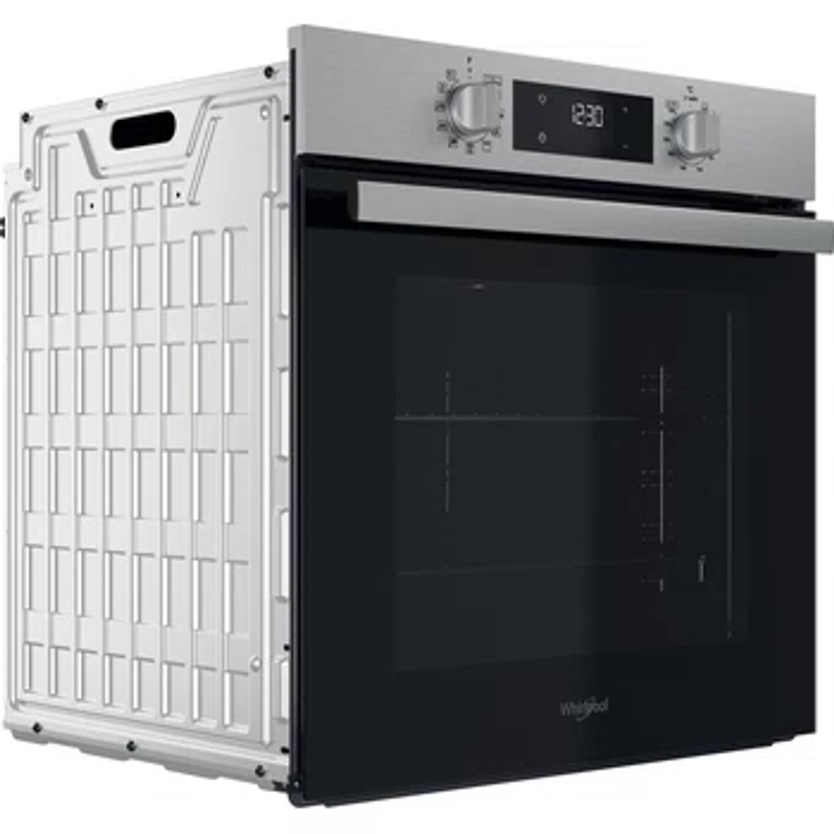 Forno in acciaio inox in una cucina bianca. Ha porta e comandi neri.