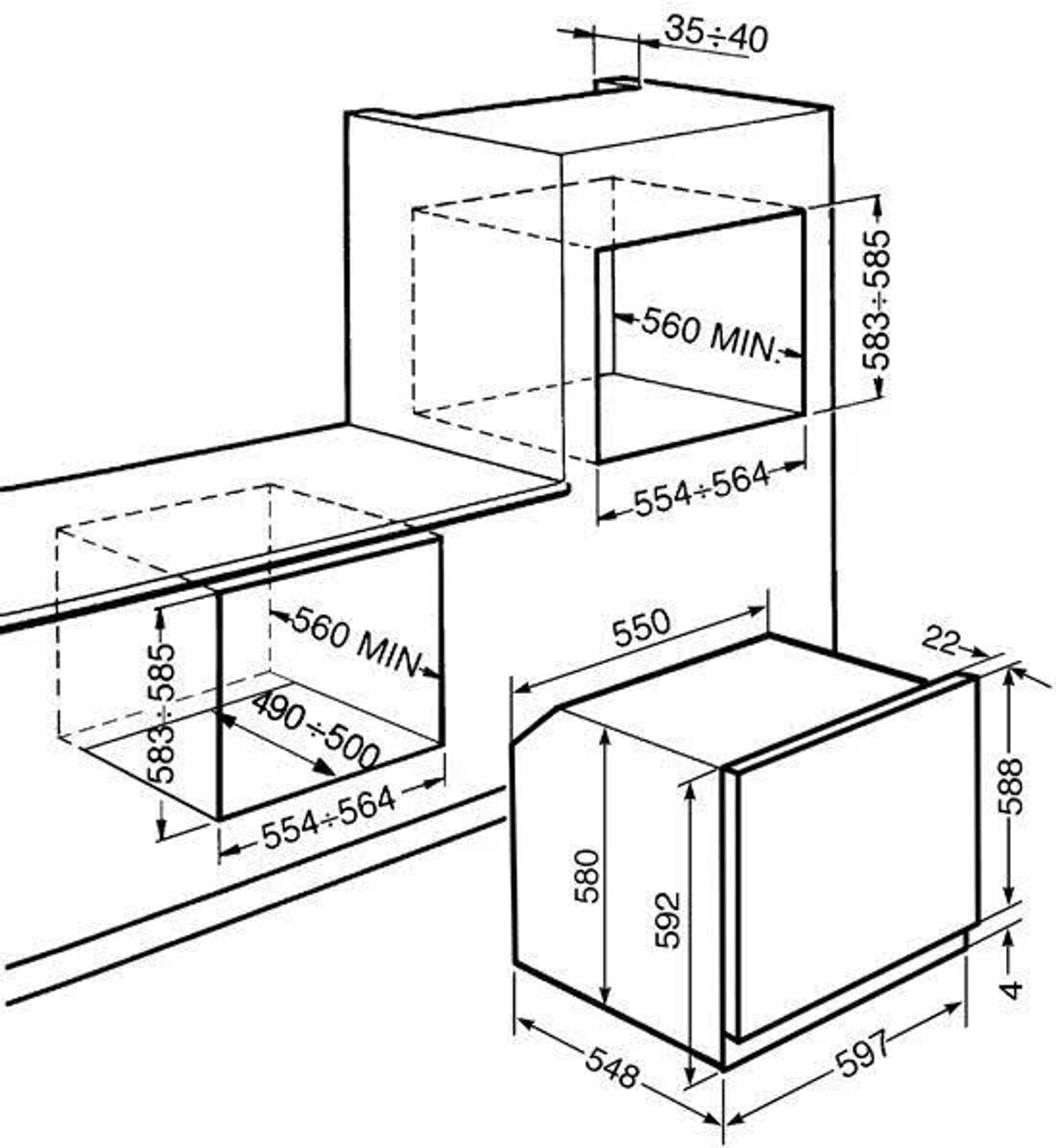 Schema di un forno a incasso con dimensioni. Mostra un contorno rettangolare con misure.