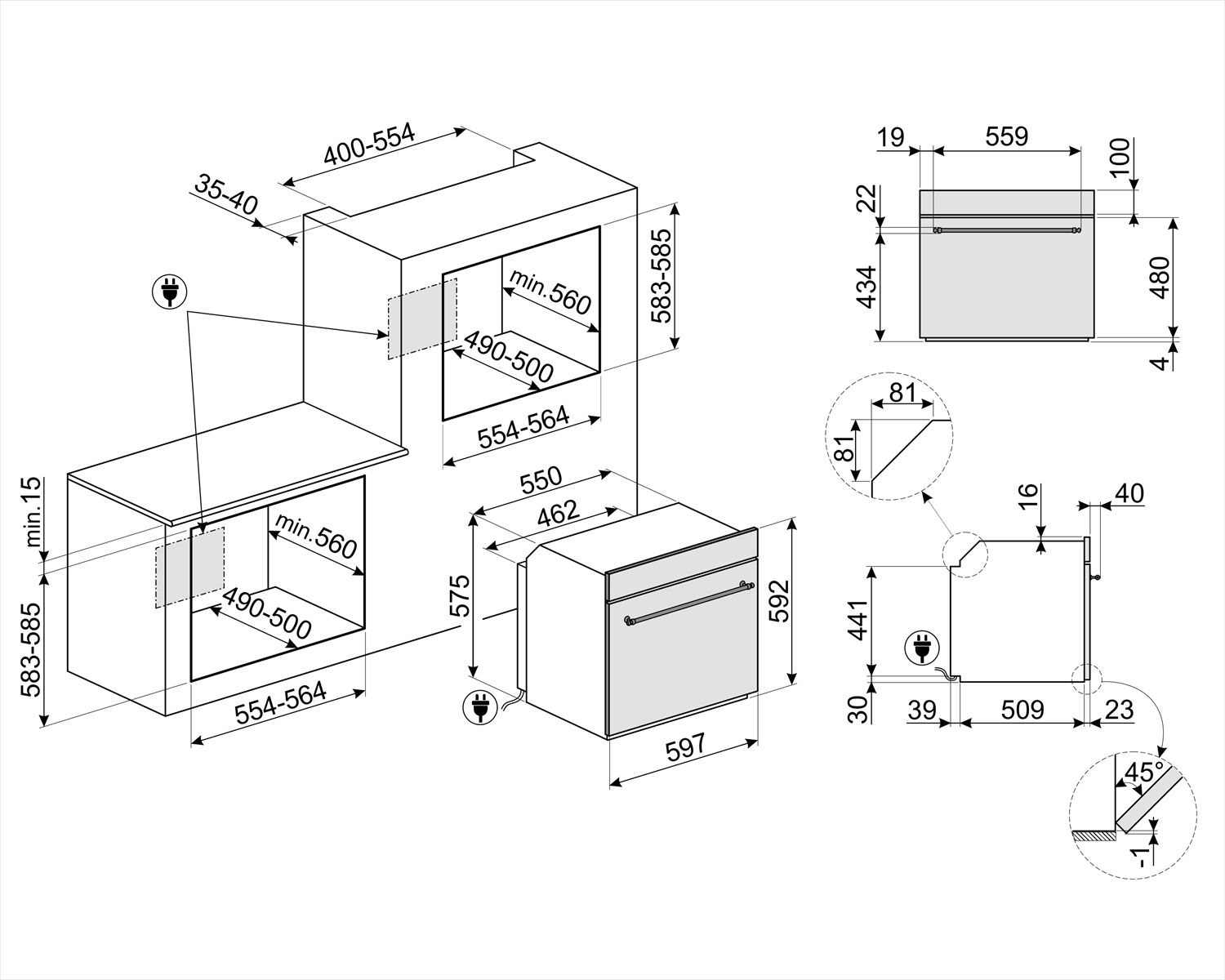 Disegno tecnico di un forno con dimensioni in millimetri. Sfondo bianco.