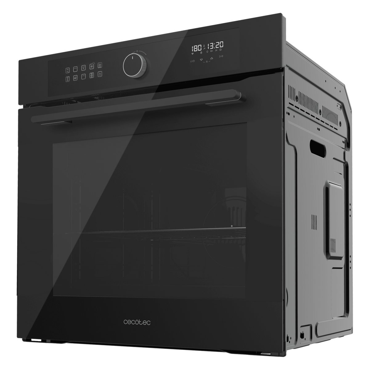 Czarny piekarnik Cecotec, widok z boku. Wyświetlacz cyfrowy i szklane drzwi widoczne.