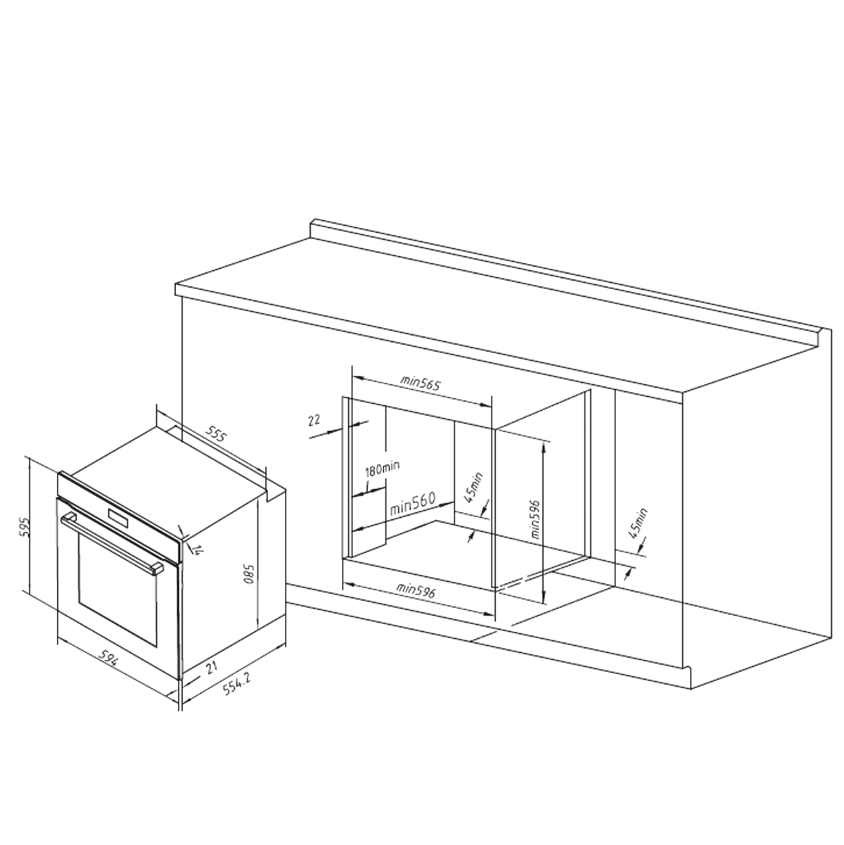 Czarno-biały rysunek linii piekarnika z wymiarami. Rysunek przedstawia układ.