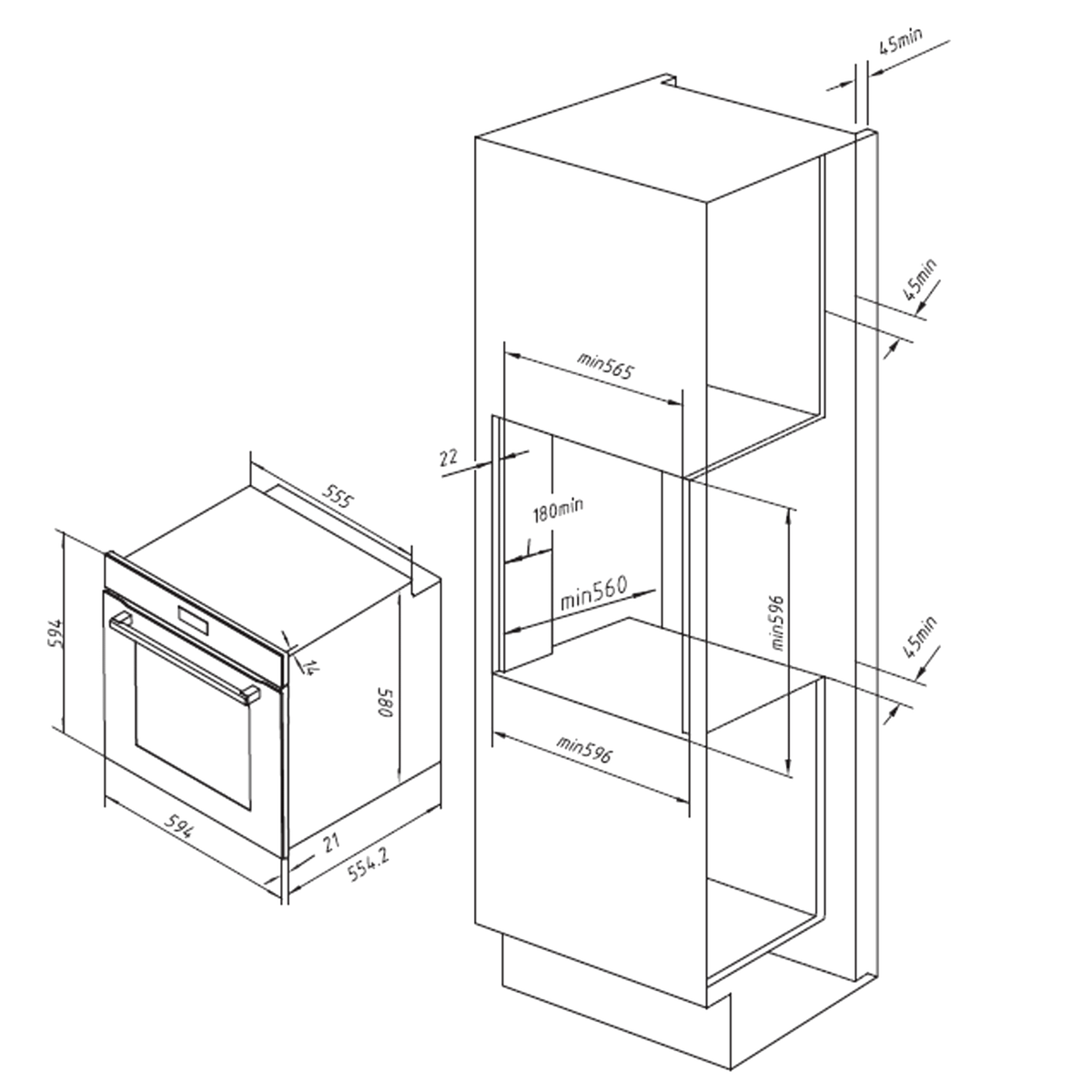 Schemat piekarnika do zabudowy, pokazujący wymiary i instrukcje instalacji.