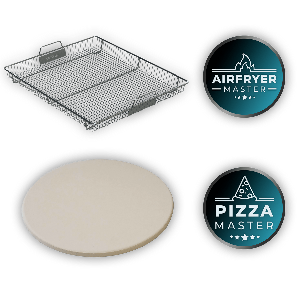 Kosz do frytownicy, kamień do pizzy i logo na czarnym tle. Narzędzia do gotowania.