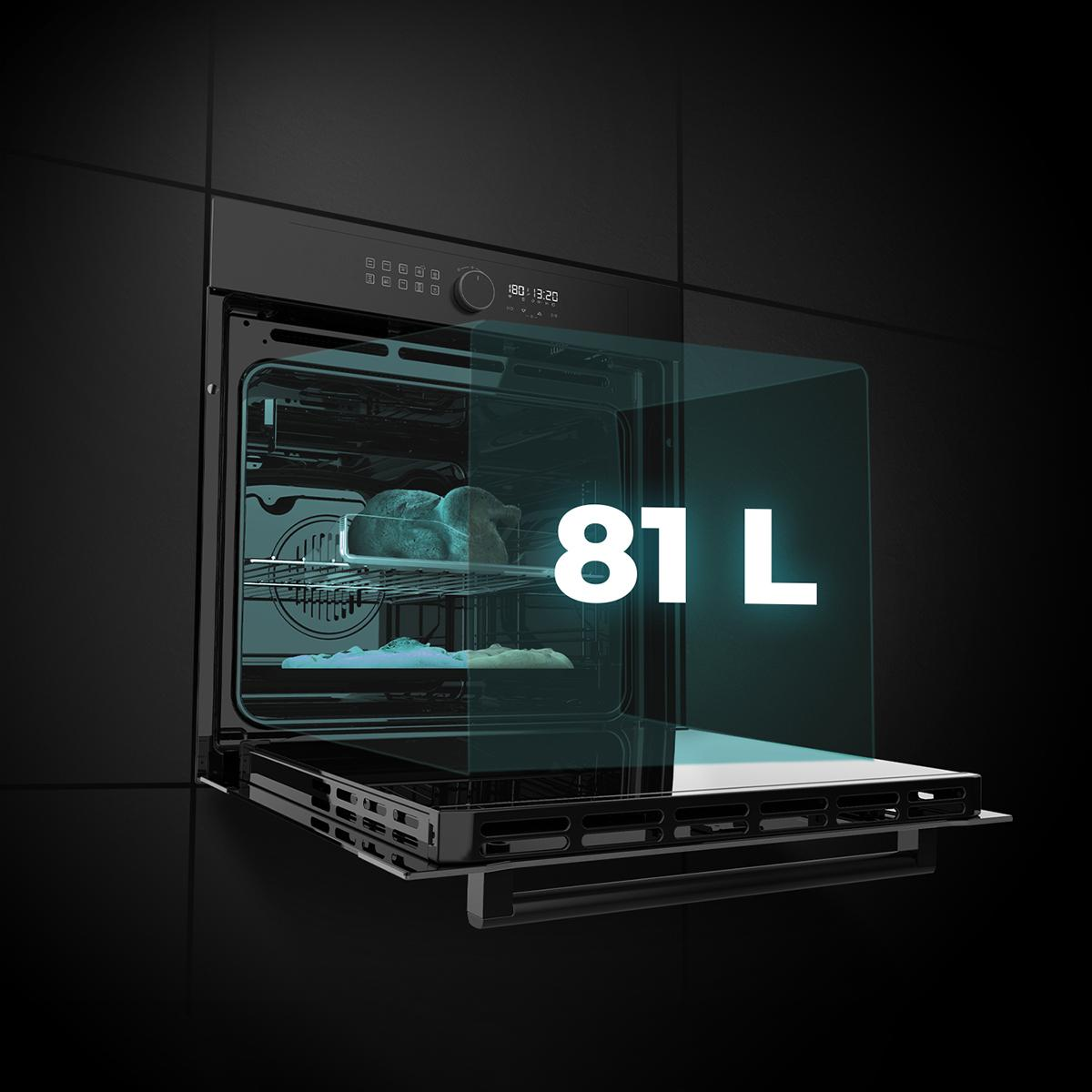 Wnętrze piekarnika z cyfrowym wyświetlaczem pokazującym pojemność 81L, z chlebem w środku.