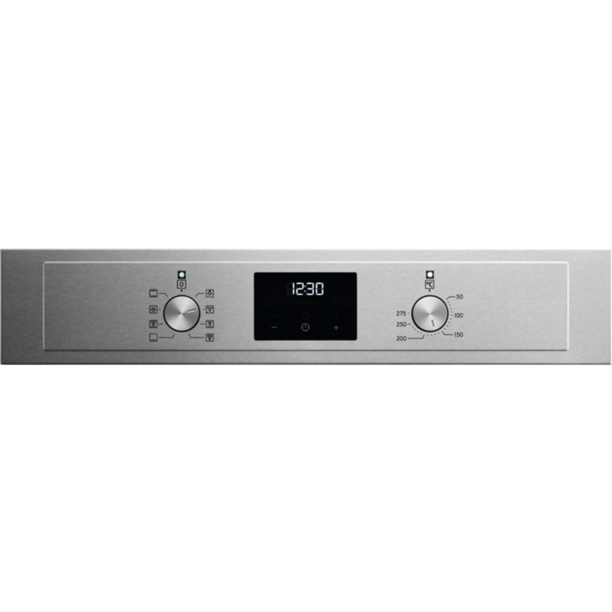 Panel de control del horno con pantalla digital y mandos. El panel es de acero inoxidable, con fondo negro.