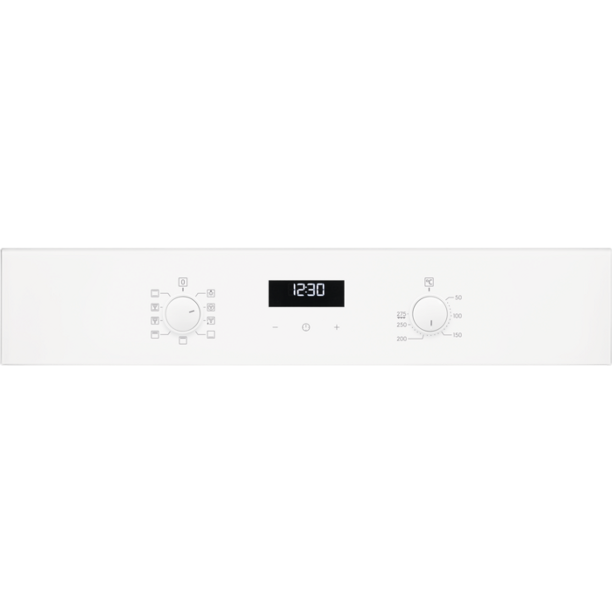 Panel de control de horno blanco con reloj digital '12:30' y diales para temperatura y ajustes.