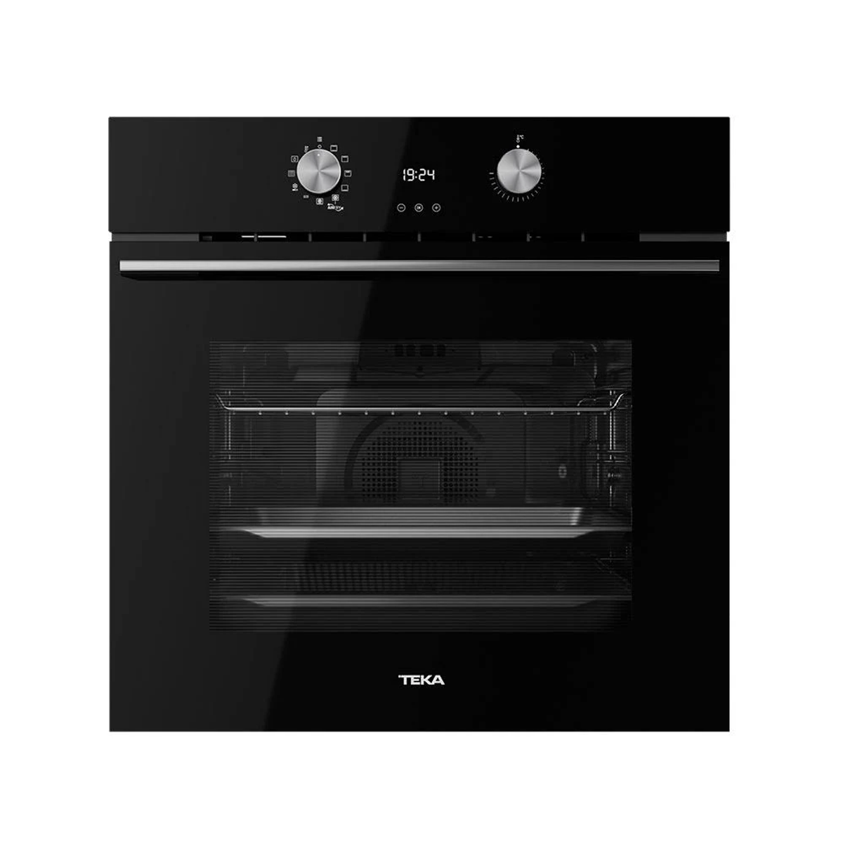 Horno negro con pantalla digital y perillas. La puerta está cerrada.