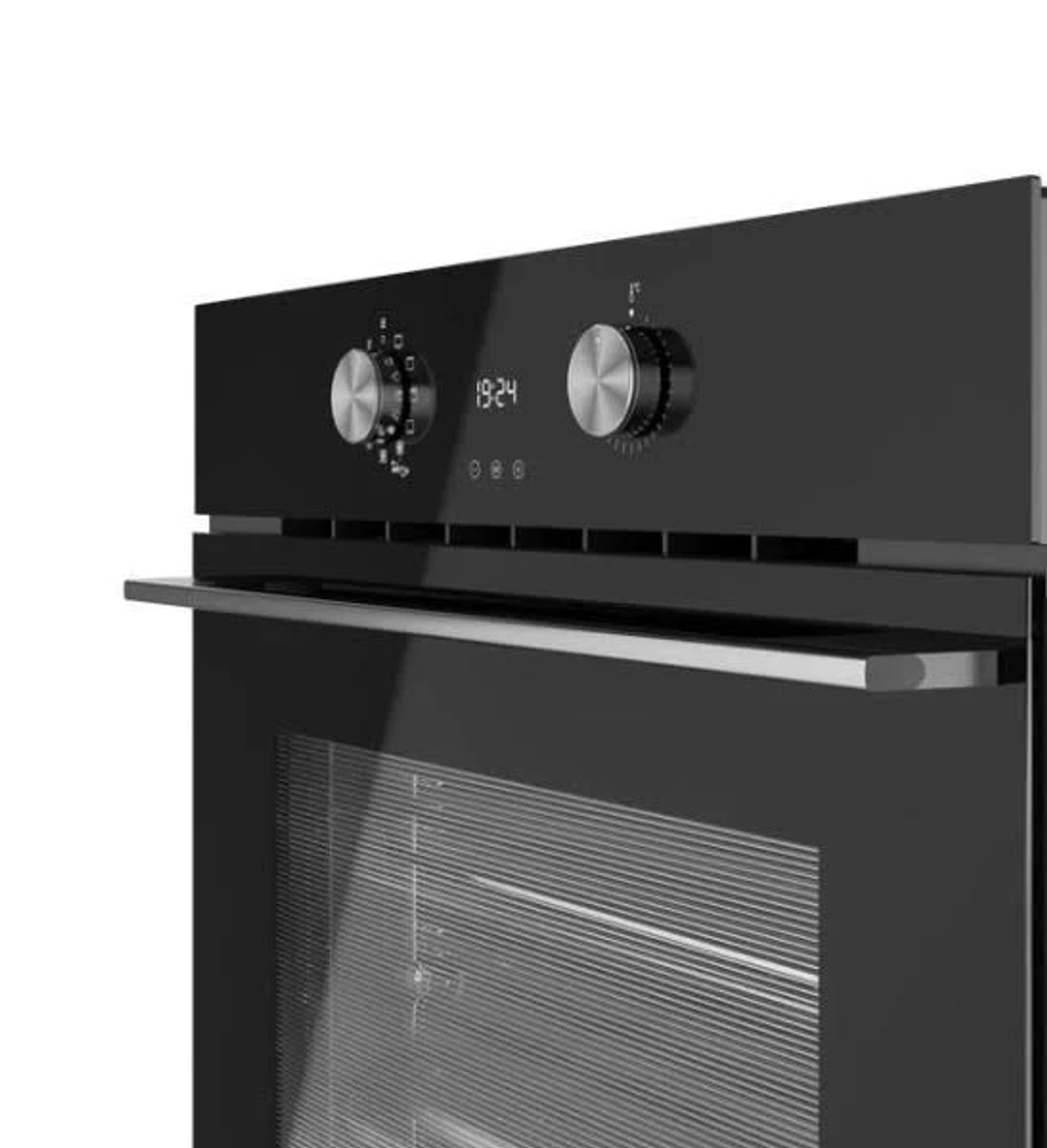 Primer plano de un panel de control de horno negro con perillas y pantalla.