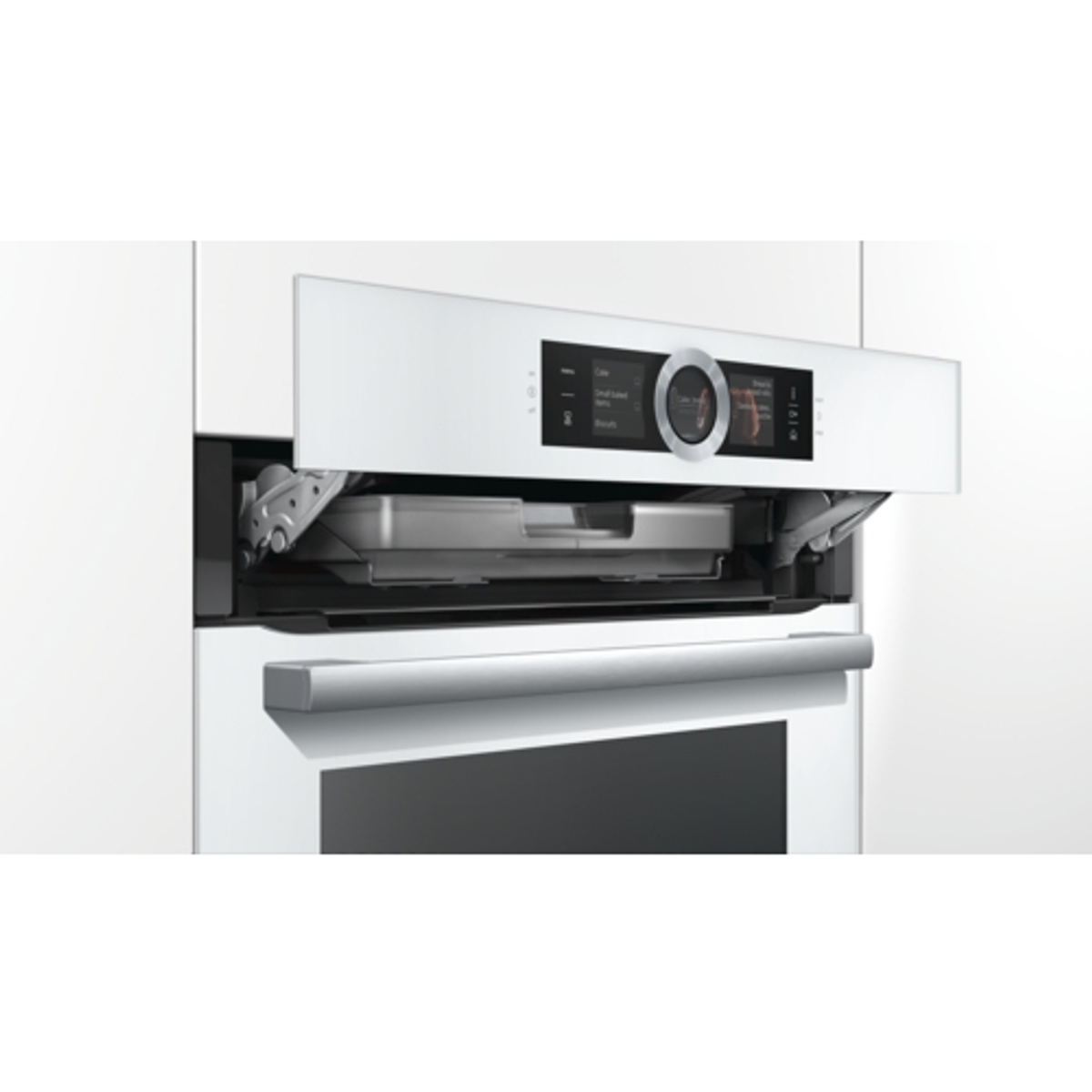 Horno moderno con puerta blanca que se abre hacia arriba. Interior con estante y bandeja.