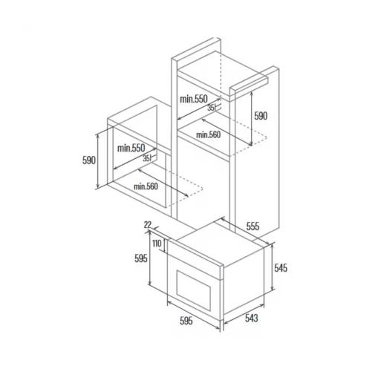 Diagrama con dimensiones y medidas de una configuración de electrodomésticos de cocina.