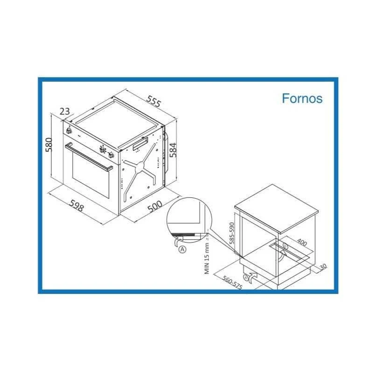 Schema di un forno a incasso con dimensioni ed etichette.