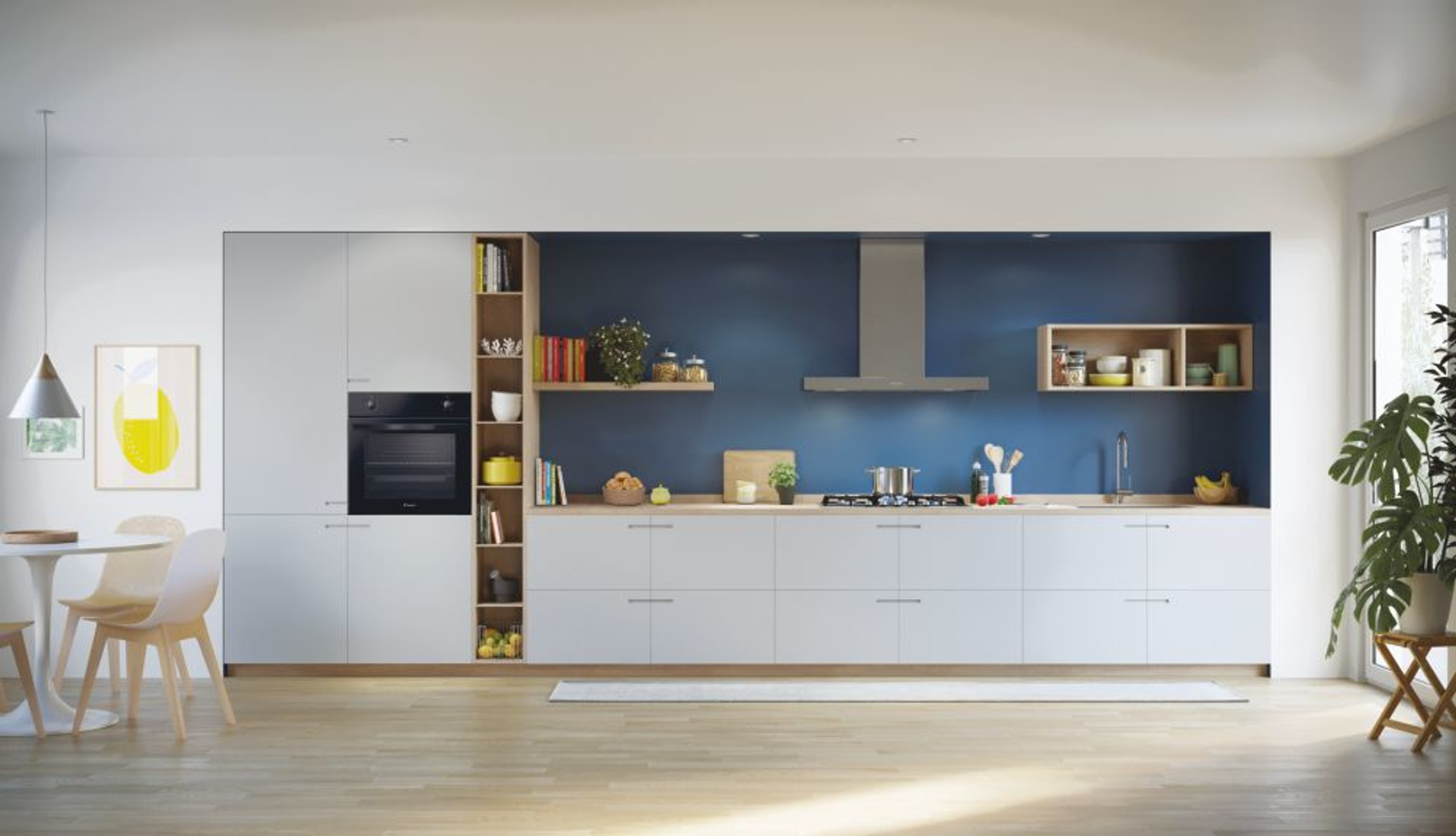 Nowoczesna kuchnia z białymi szafkami, drewnianymi blatami i niebieską ścianą.