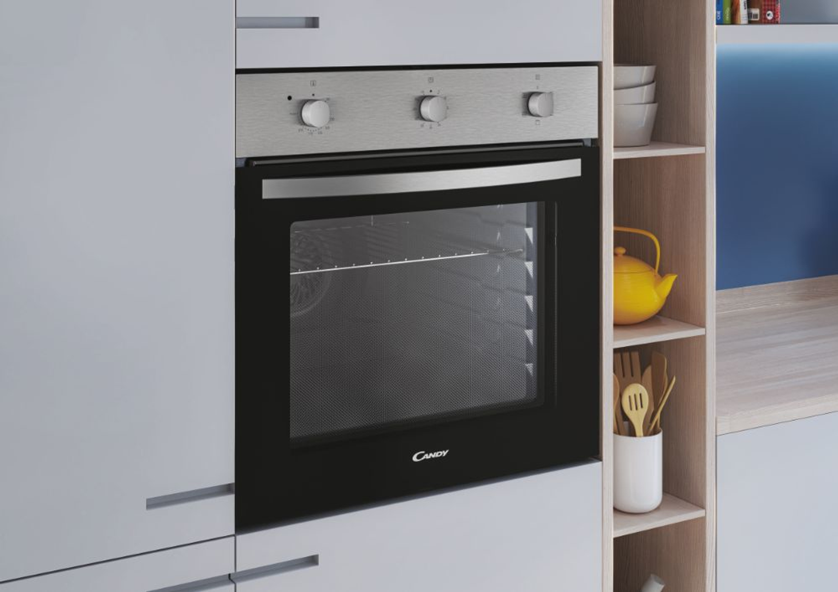 Un forno con porta nera e manopole in acciaio inossidabile.