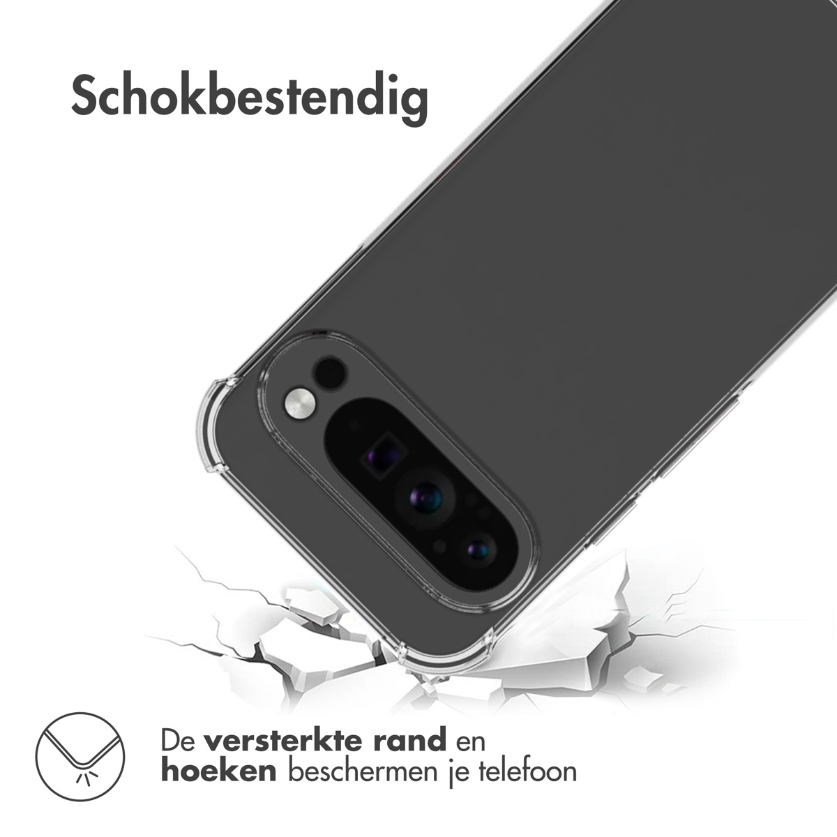 Transparante telefoonhoes op wit oppervlak, gebarsten, alsof gevallen, telefooncamera zichtbaar.