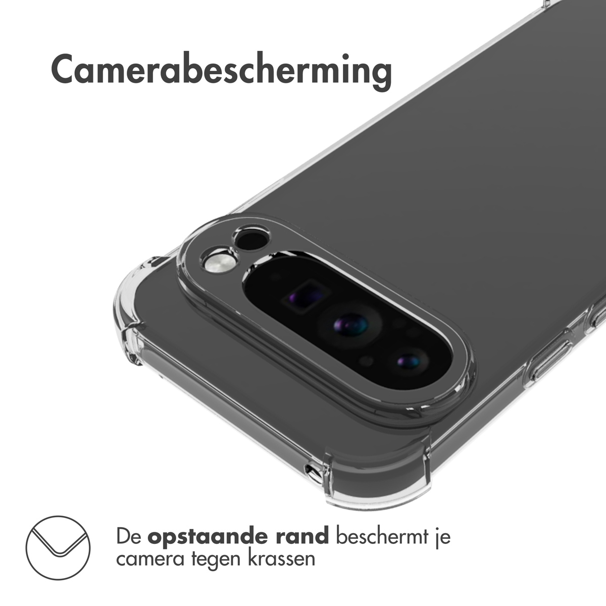 Een doorzichtige telefoonhoes met een zwarte telefoon erin, hoekweergave.