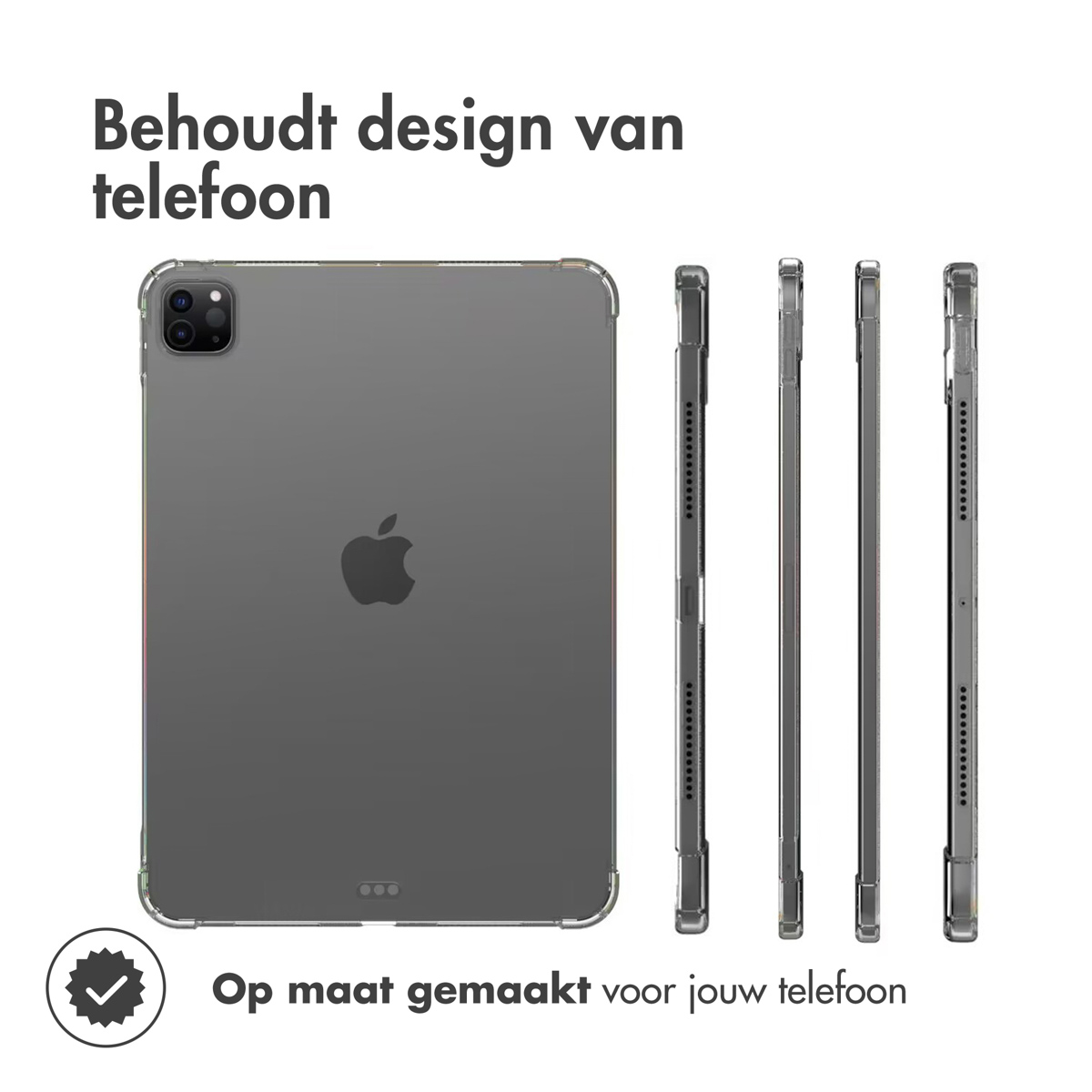 iPad case with multiple views. Gray iPad, clear case. Text reads 'Retains phone design'.