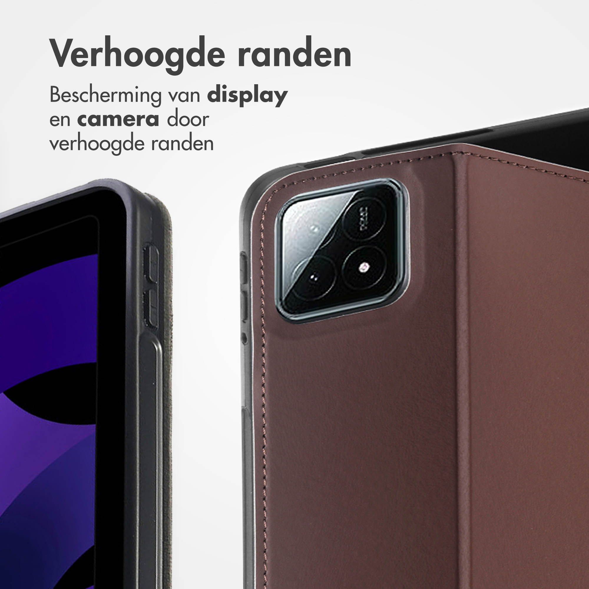 Twee telefoonhoesjes. De rechter hoes is bruin en beschermt de camera, de andere is zwart.