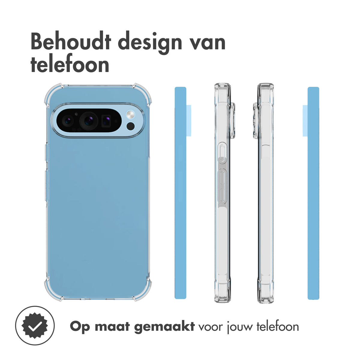 Transparente Handyhülle in Blau. Telefon in der Hülle, zusammen mit Seiten- und Draufsicht.