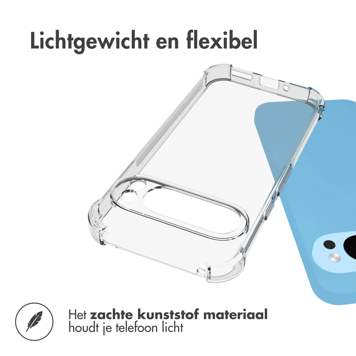 Eine transparente Handyhülle über einem blauen Telefon. Text: 'Leicht und flexibel'.