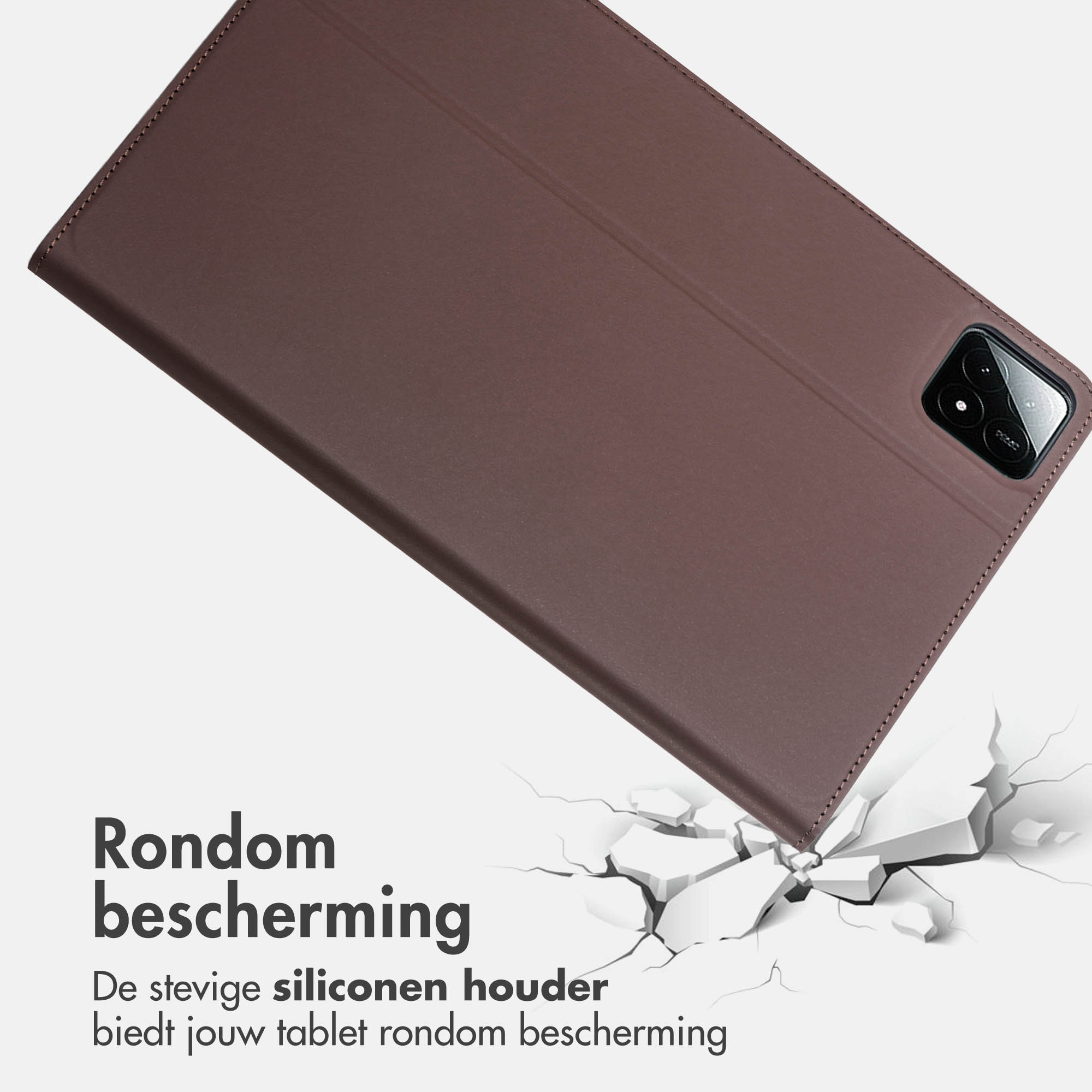 Bruine tablethoes met tablet erin. Tekst: 'Rondom bescherming'. Gebroken beton beneden.