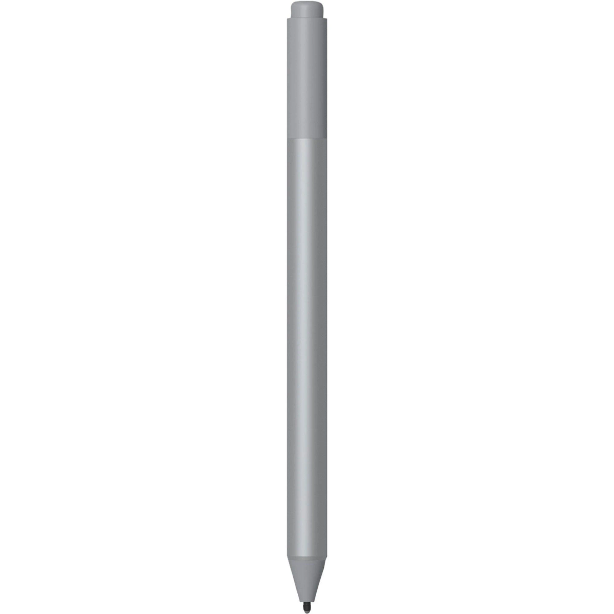 Un stylo argenté avec un dessus gris, debout sur un fond blanc, isolé.