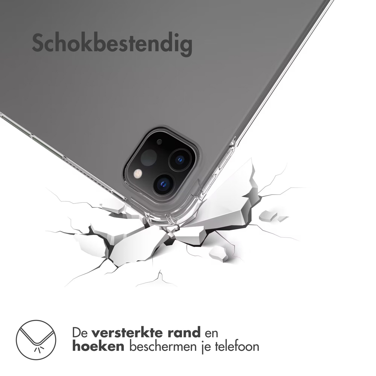 Clear phone case with phone inside, on a cracked surface. Text: 'Shockproof'. Reinforced edges.