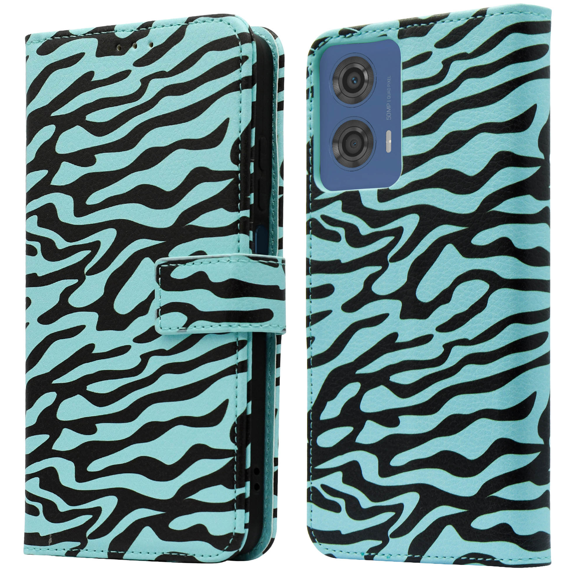 Telefoonhoesje met zebrapatroon. Lichtblauwe en zwarte strepen. Open en gesloten weergave.