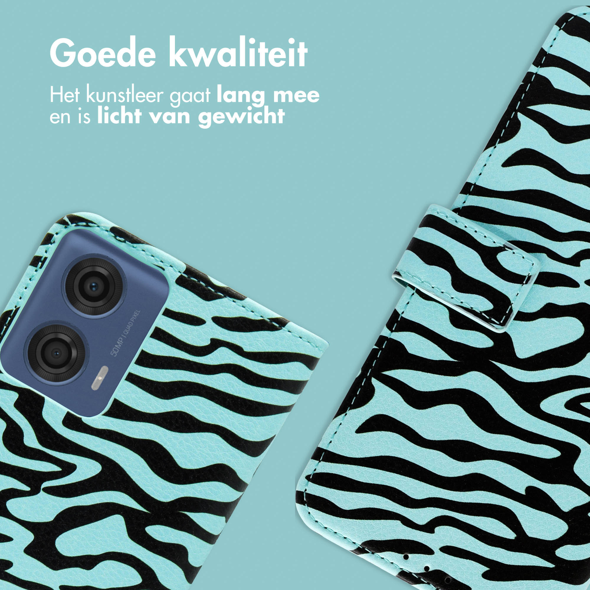 Een telefoonhoes met blauw en zwart zebraprint.