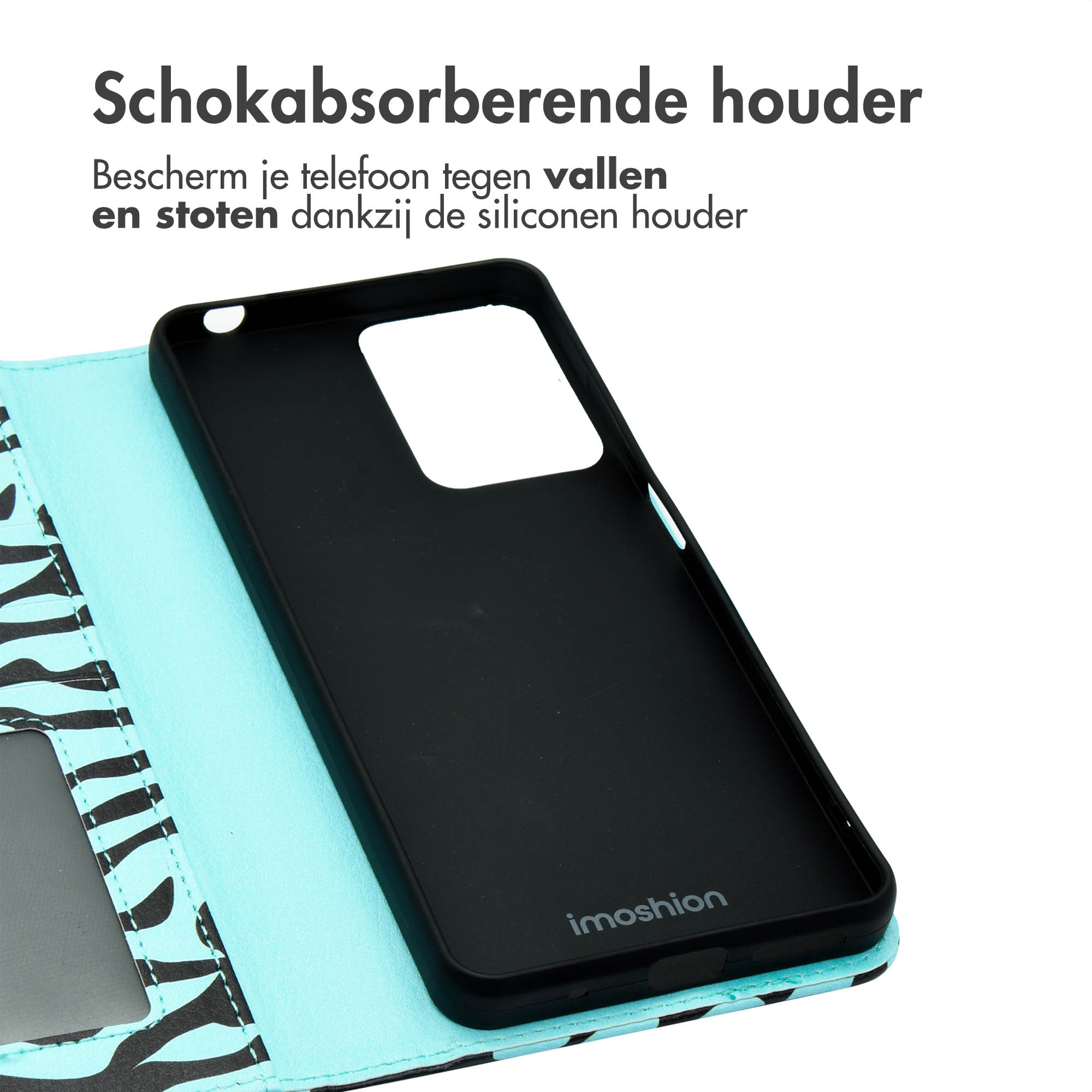 Zwarte telefoonhoes met turkoois-zwart zebrapatroon en logo.