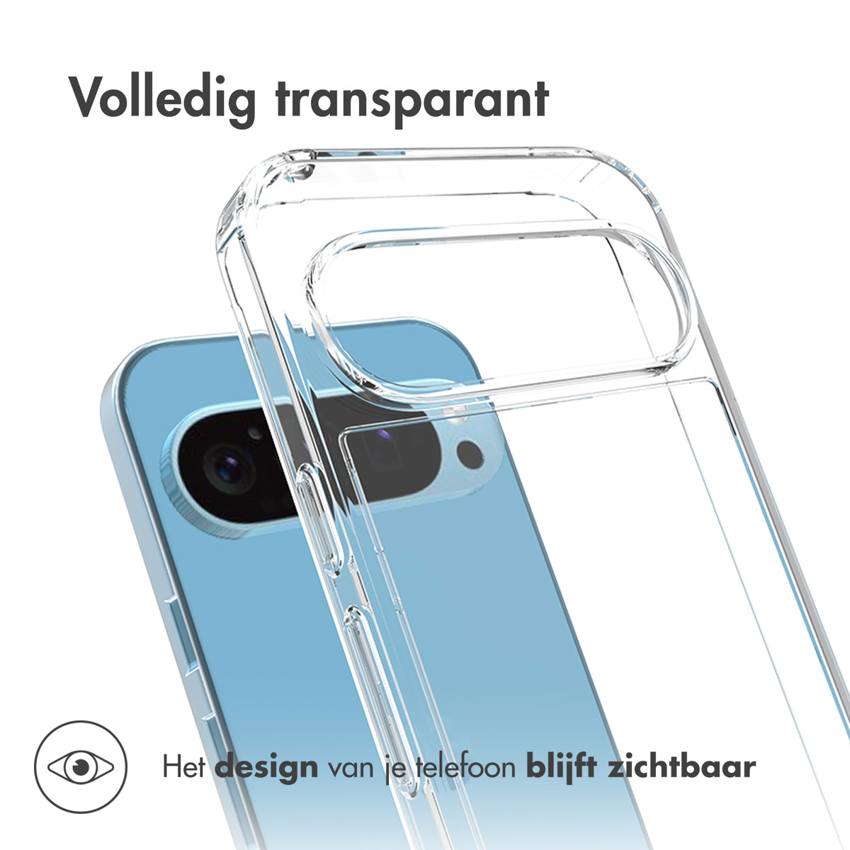 Custodia trasparente su un telefono blu, fotocamera e design visibili.