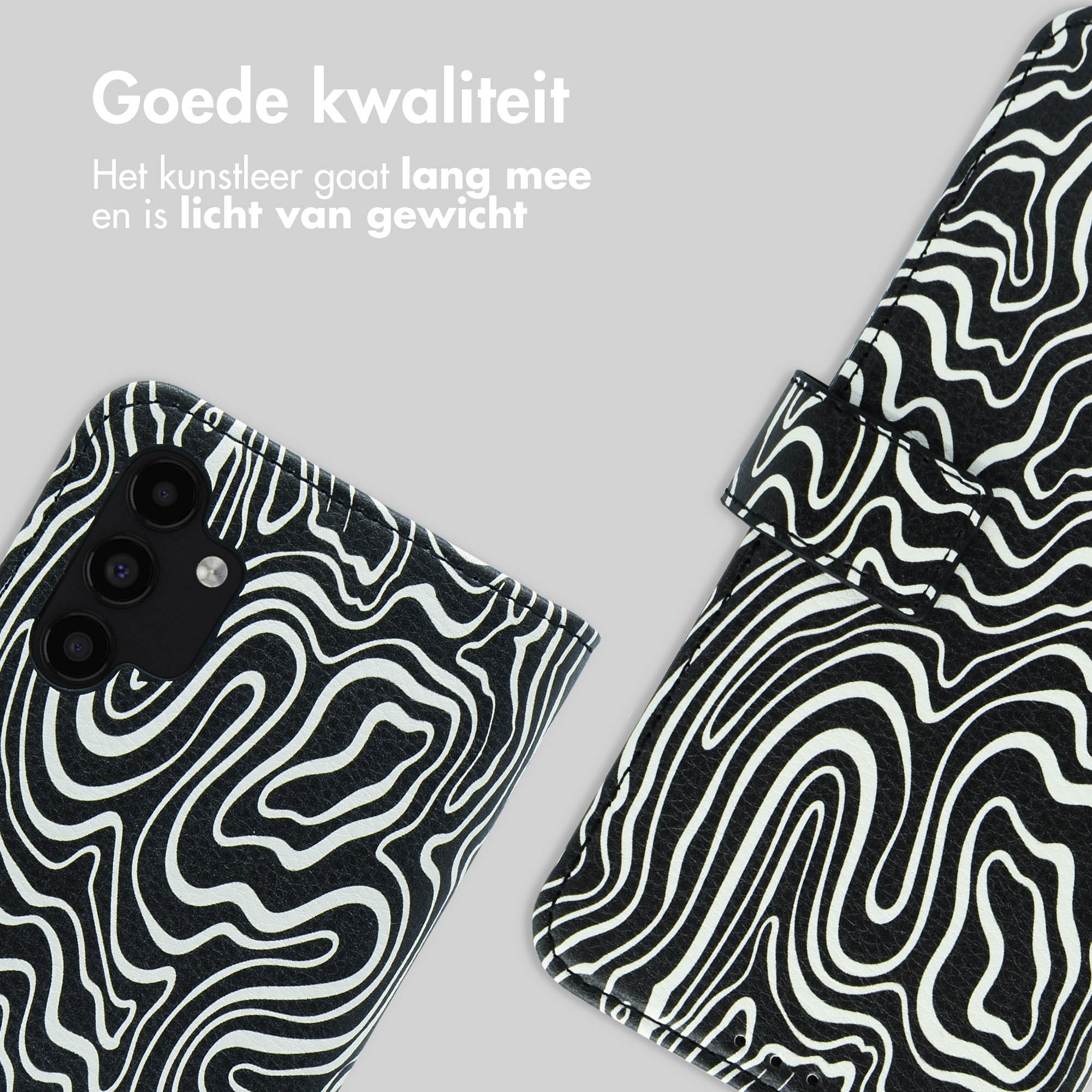 Étui de téléphone noir et blanc à motif abstrait et découpe caméra.