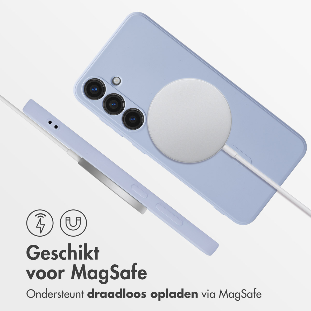 Een paars smartphone met MagSafe oplader en hoesje. Iconen voor laden en magneet.